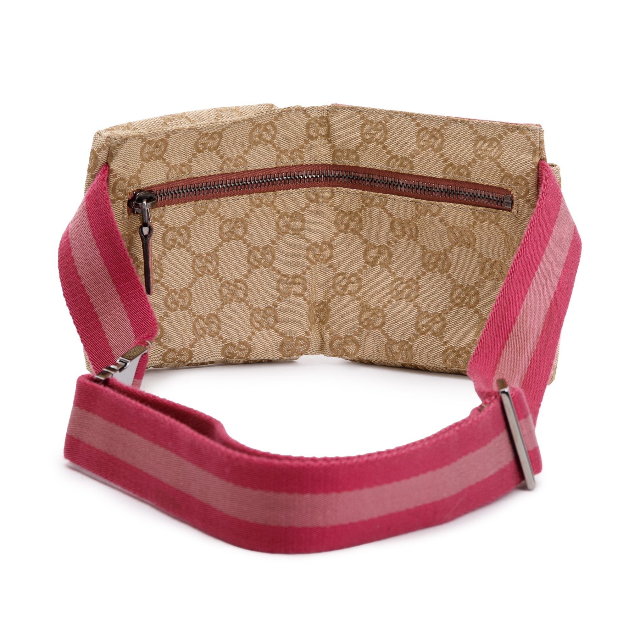 Gucci Pink Leather GG Canvas Web Double Pocket Small Belt Bag