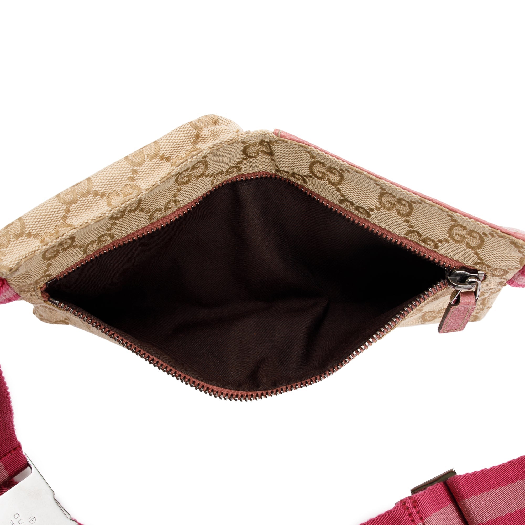Gucci Pink Leather GG Canvas Web Double Pocket Small Belt Bag
