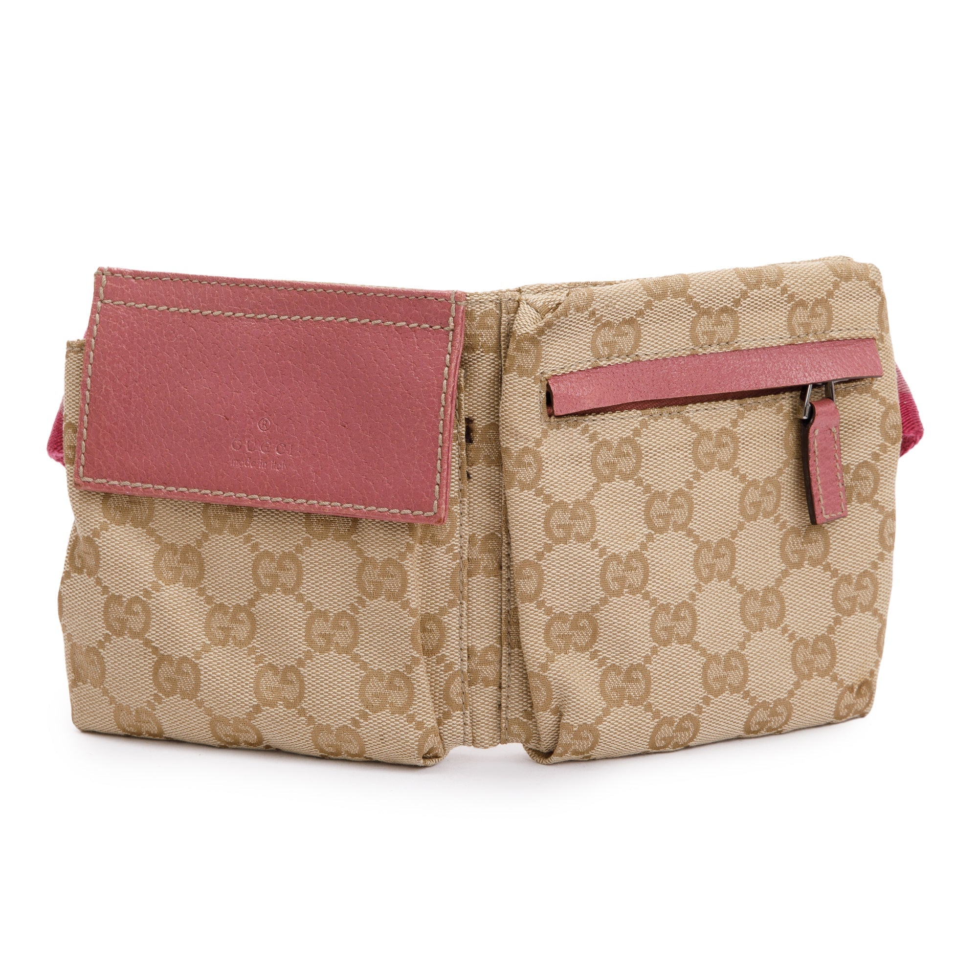 Gucci Pink Leather GG Canvas Web Double Pocket Small Belt Bag