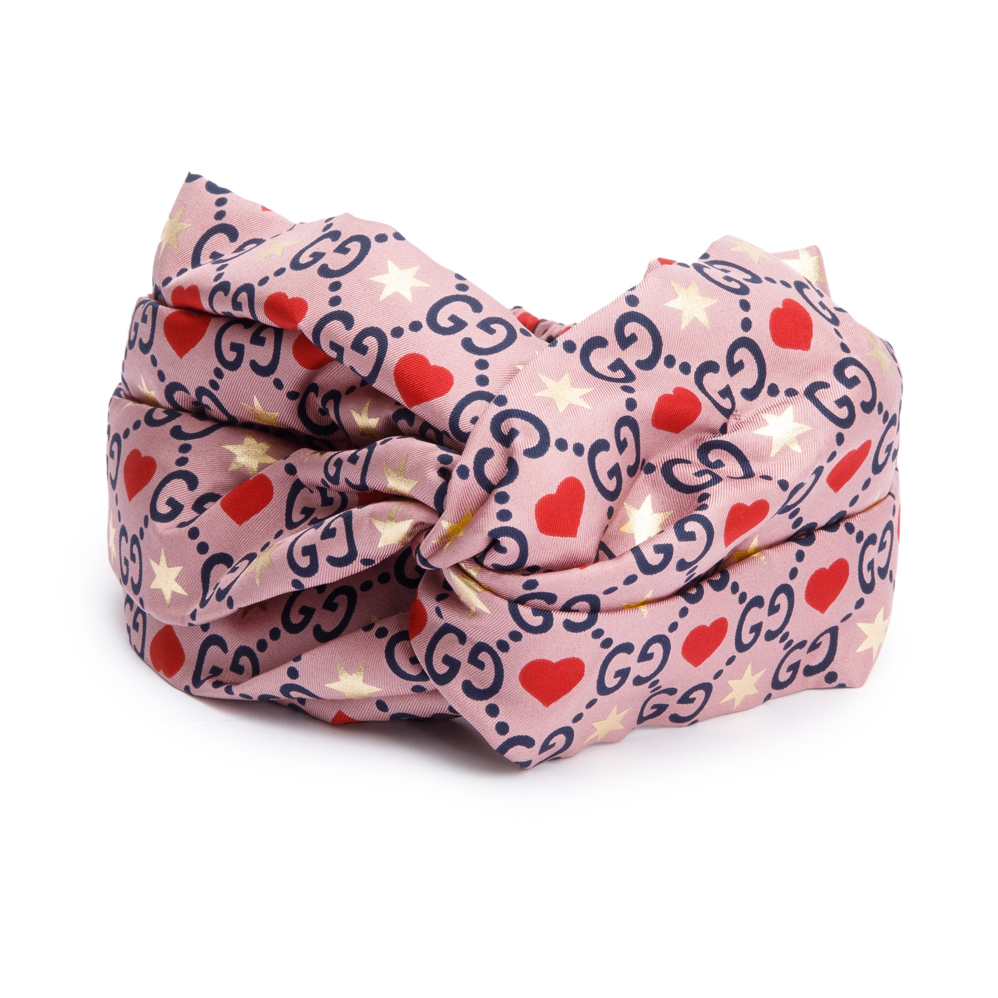 Gucci Pink & Multicolor GG Heart Star Print Silk Headband Size M 57 w/ Box