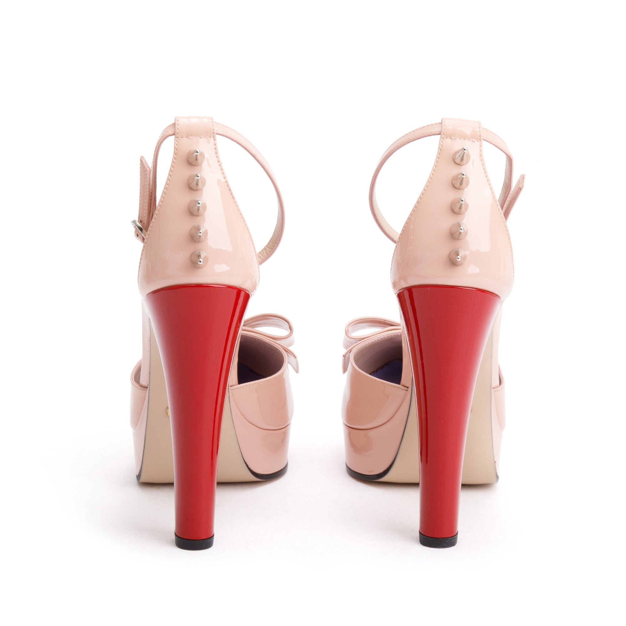 Gucci Pink Patent Leather Crystal GG Bow Sadie Spike Ankle Strap d'Orsay Platform Pumps, Size 39