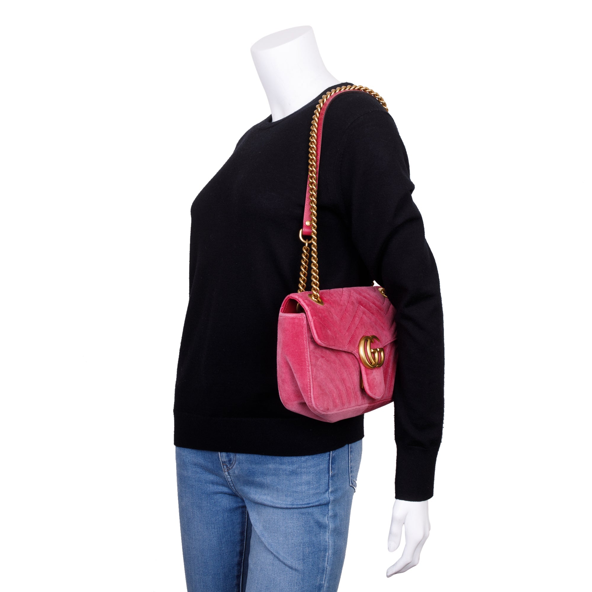 Gucci Pink Velvet Matelasse GG Marmont Small Shoulder Bag
