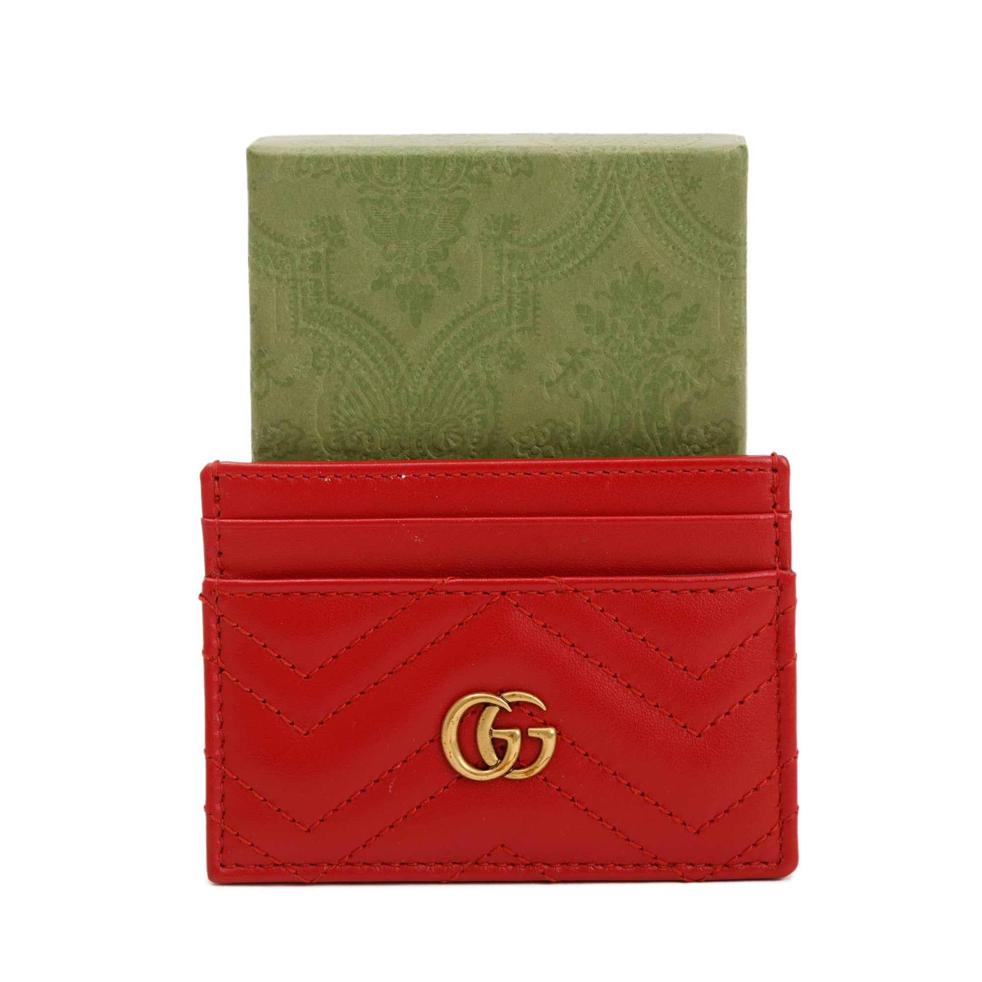 Gucci Red Calfskin Leather GG Marmont Card Holder w/ Box