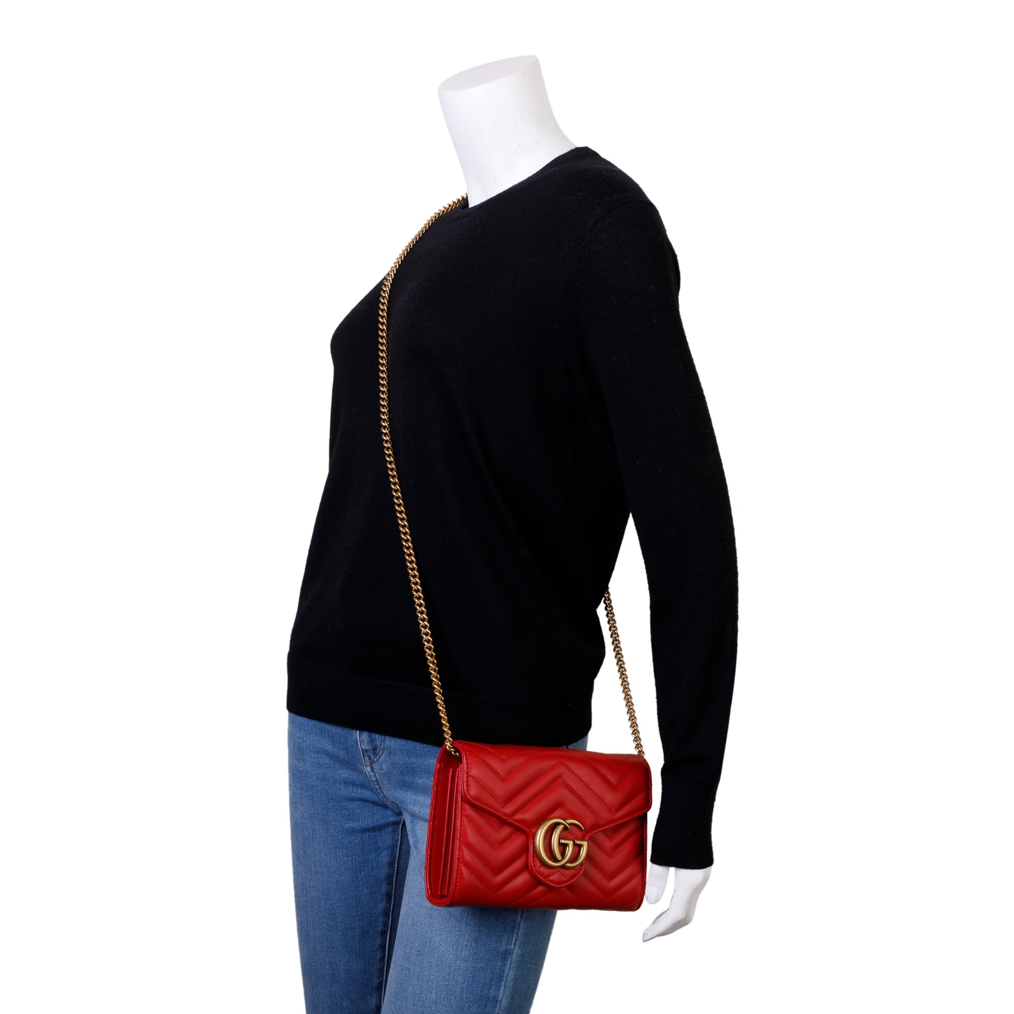 Gucci Red Calfskin Leather GG Marmont Matelasse Mini Bag