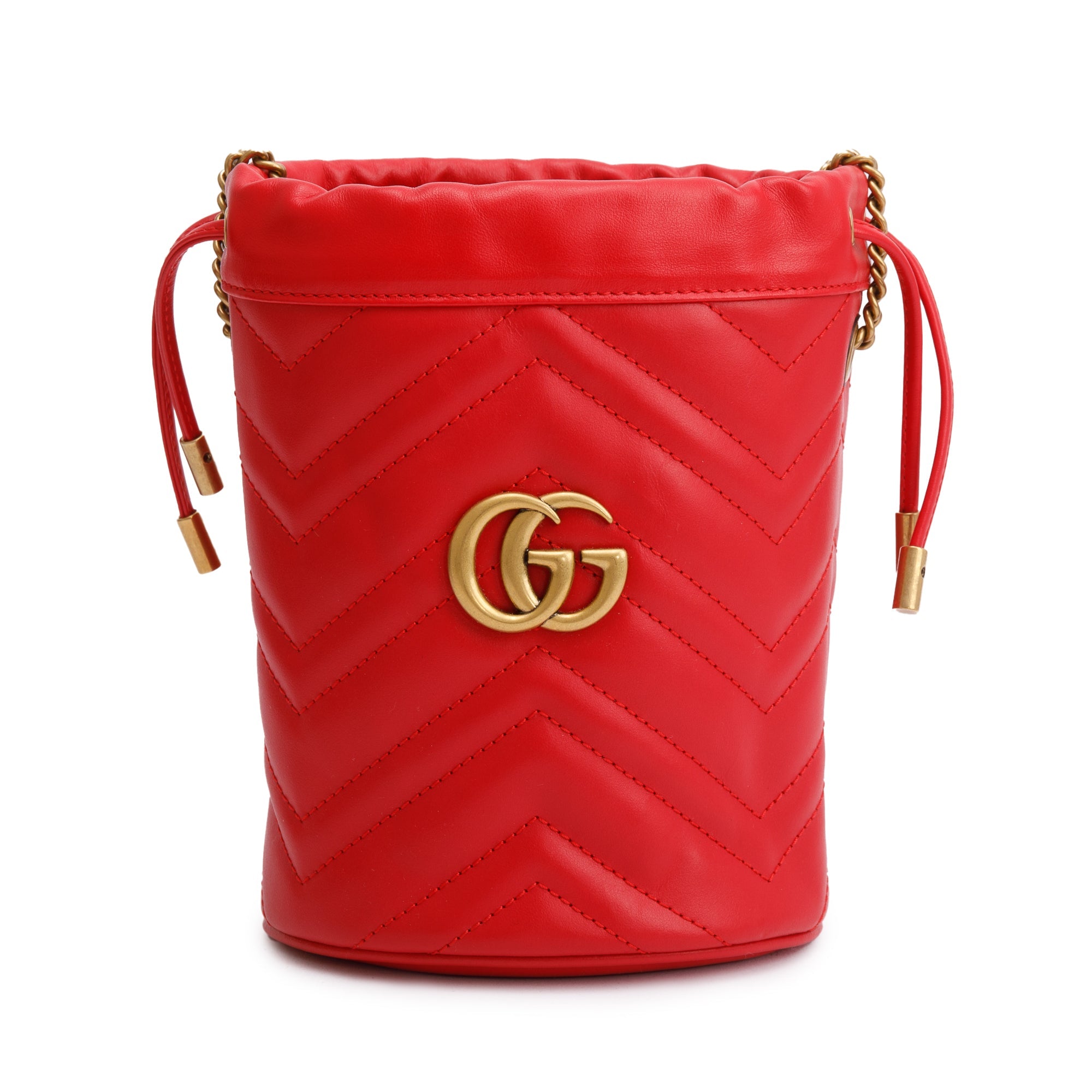 Gucci Red Calfskin Leather GG Marmont Mini Bucket Bag