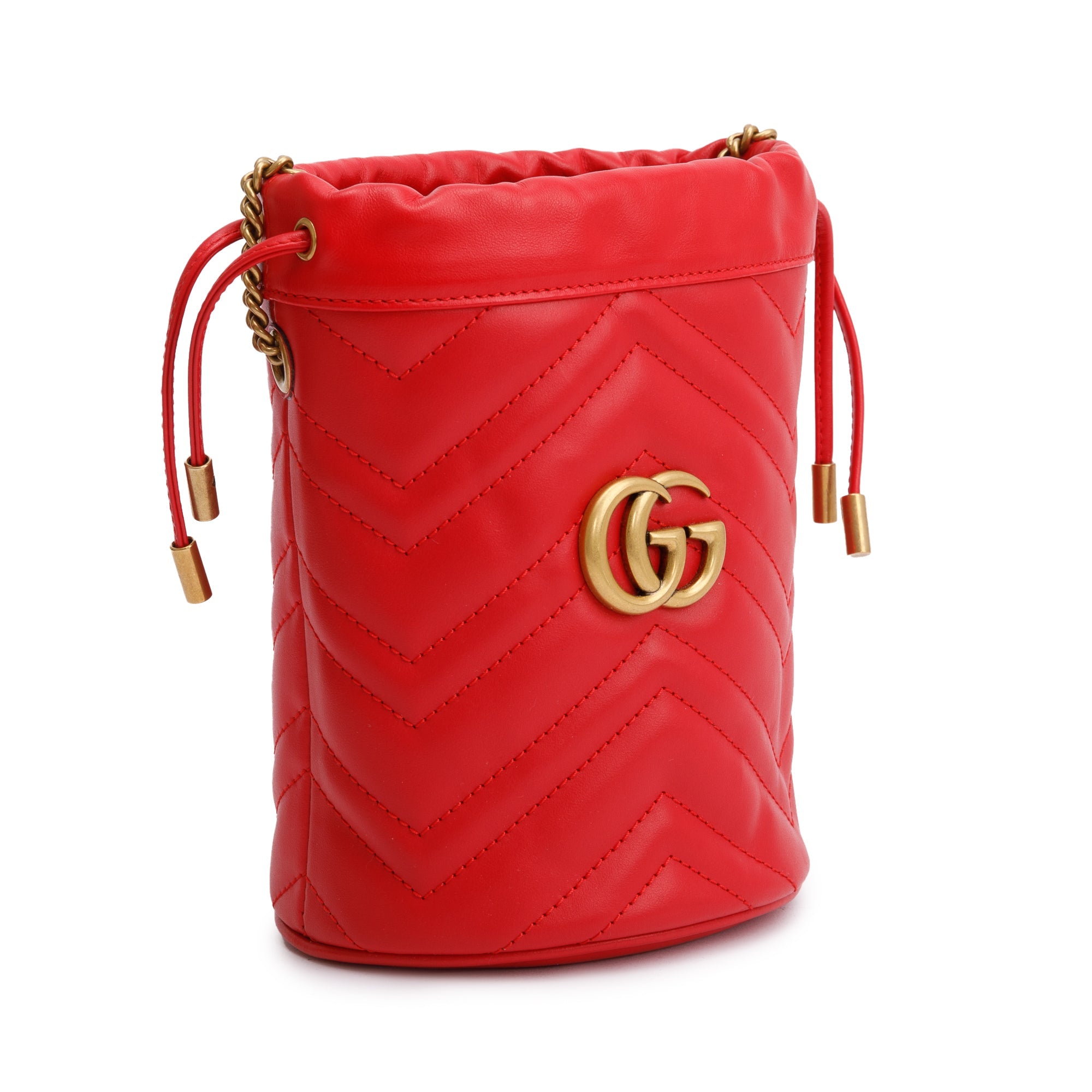Gucci Red Calfskin Leather GG Marmont Mini Bucket Bag