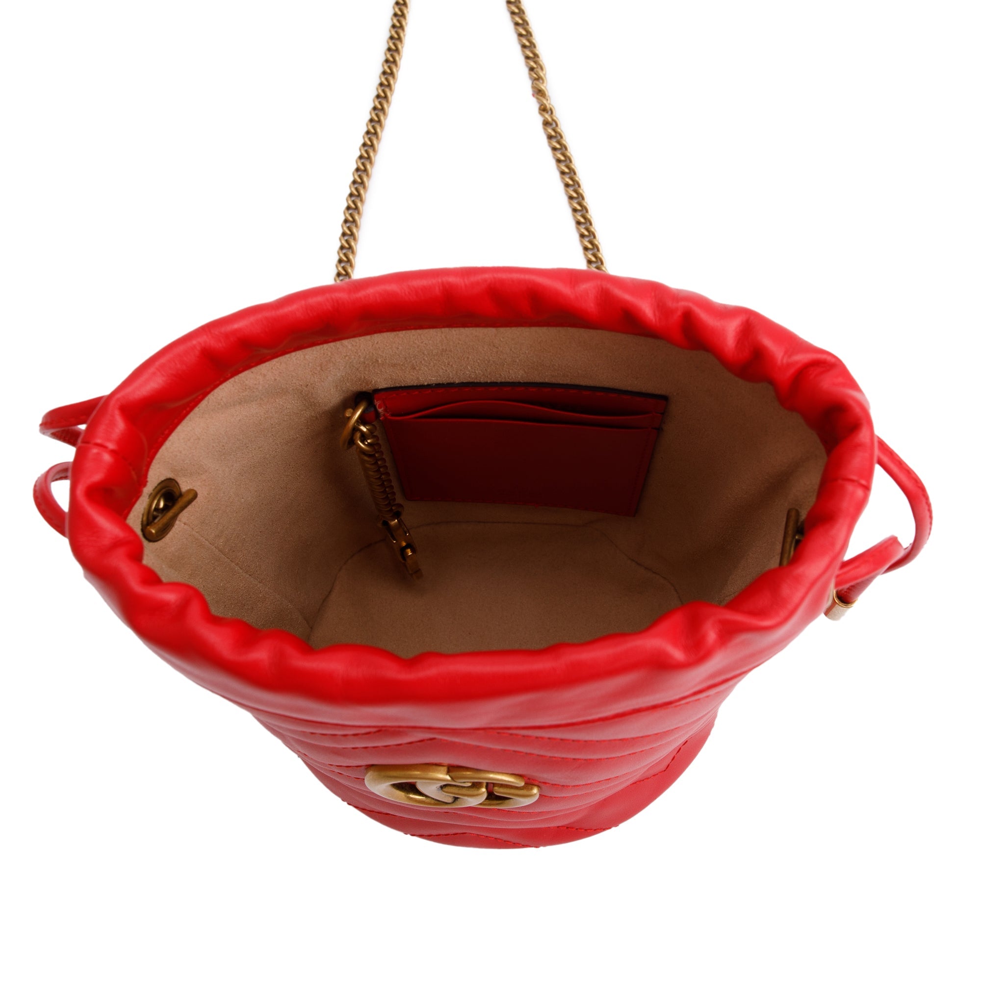 Gucci Red Calfskin Leather GG Marmont Mini Bucket Bag