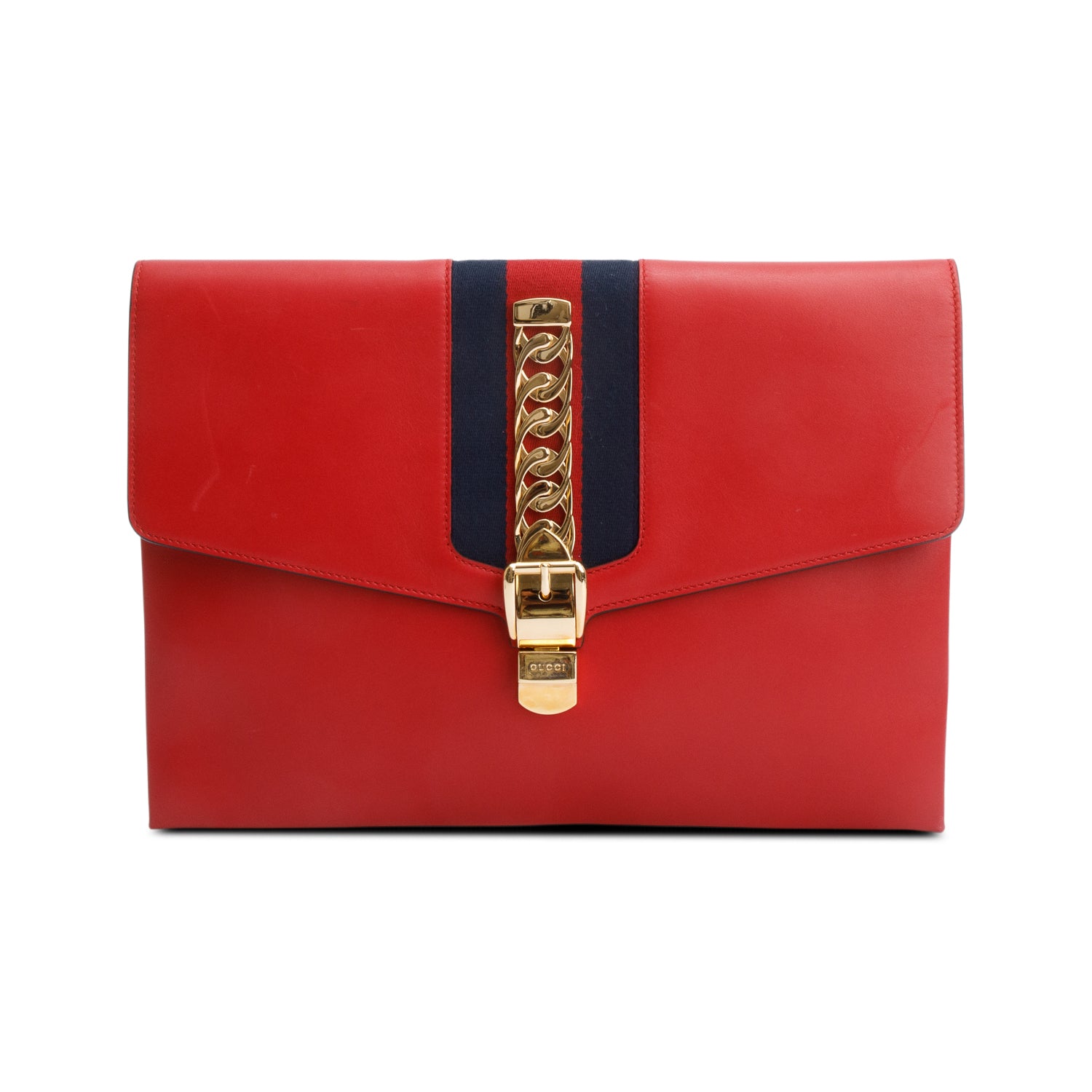 Gucci Red Calfskin Leather Web Maxi Sylvie Clutch
