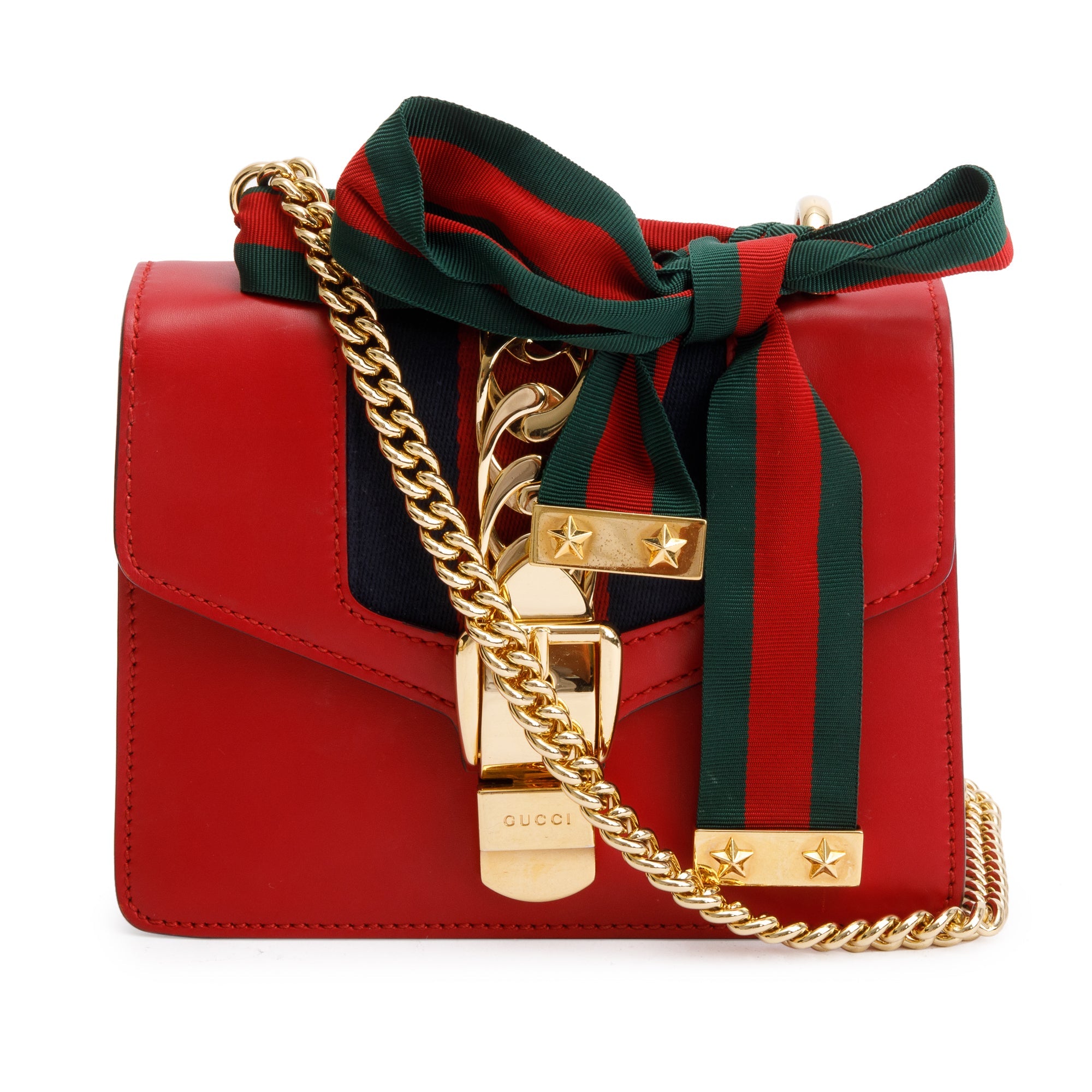 Gucci Red Calfskin Leather Web Small Sylvie Chain Shoulder Bag