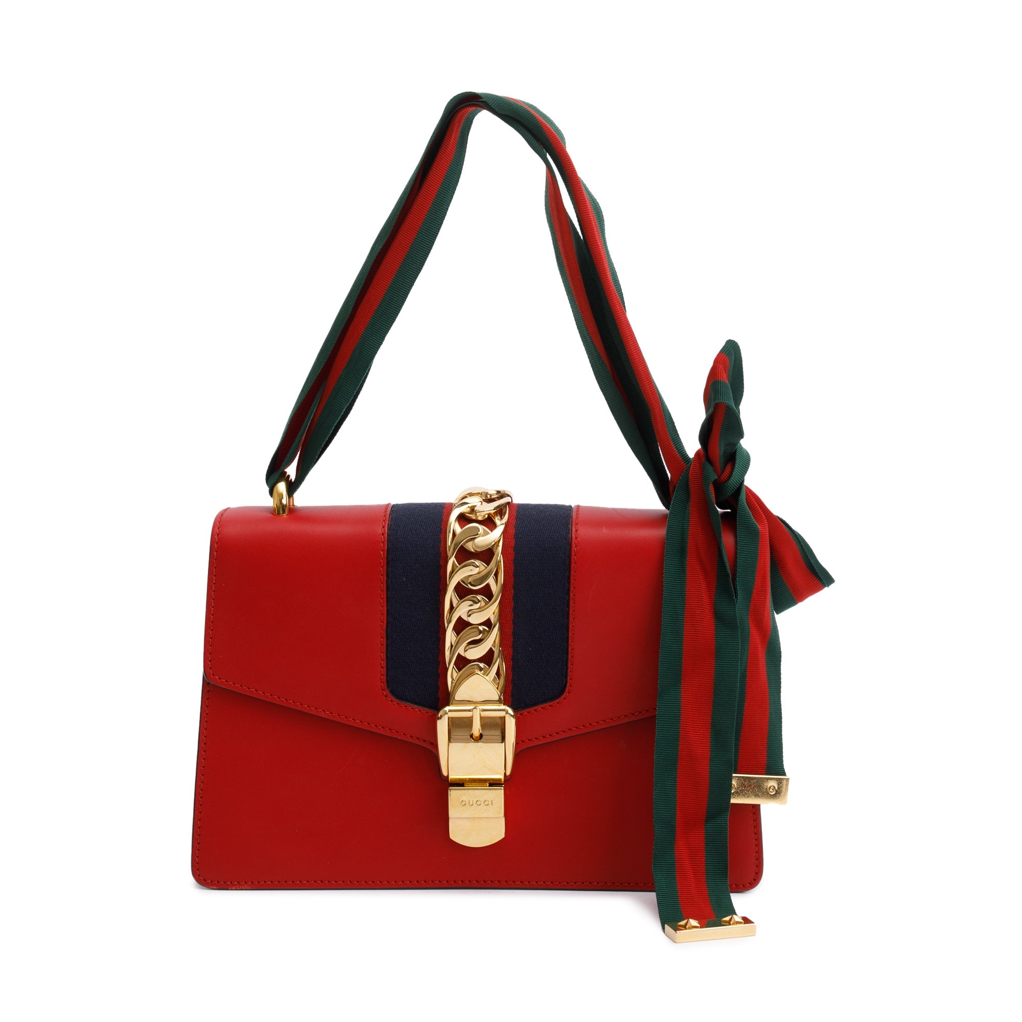 Gucci Red Calfskin Leather Web Small Sylvie Chain Shoulder Bag