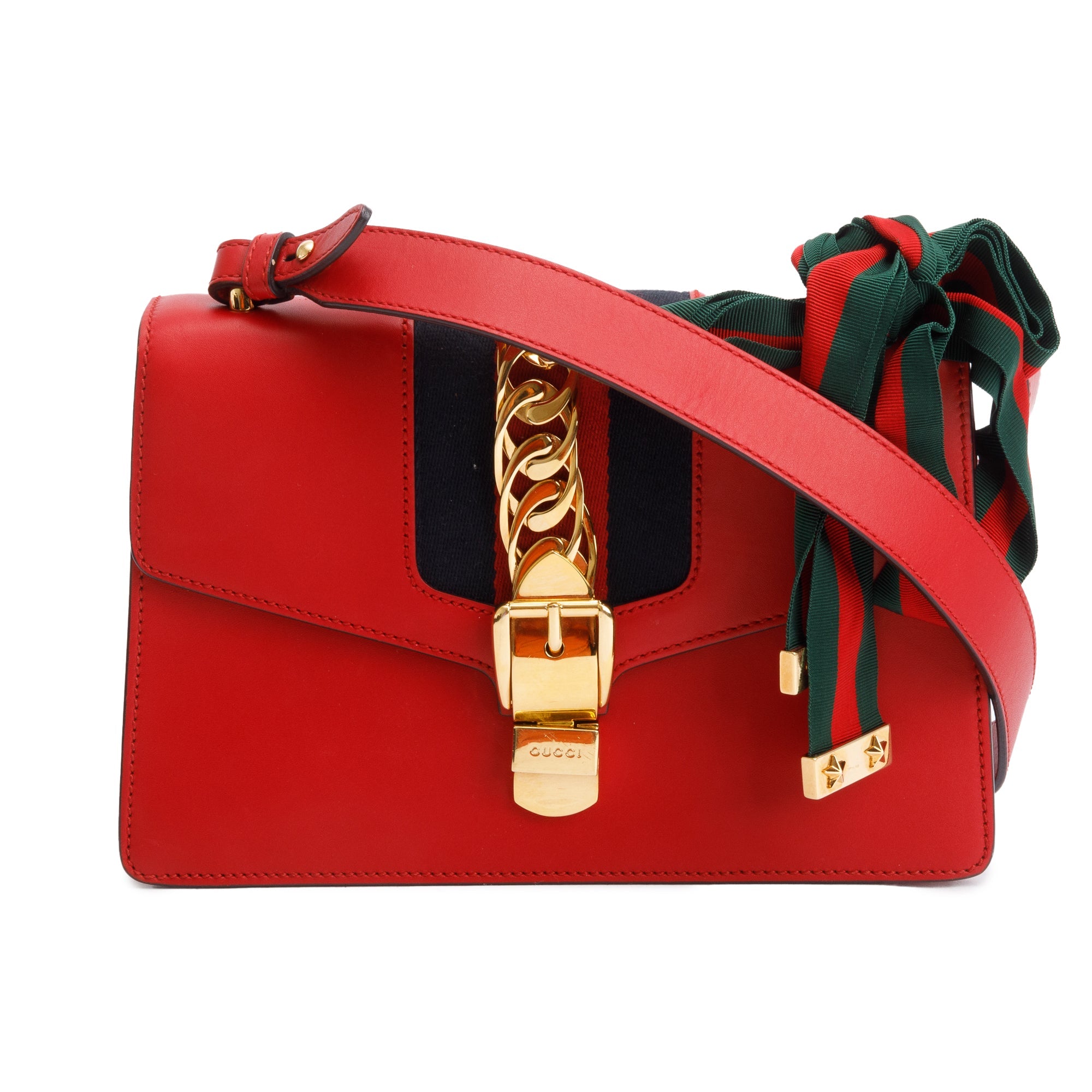 Gucci Red Calfskin Leather Web Small Sylvie Shoulder Bag