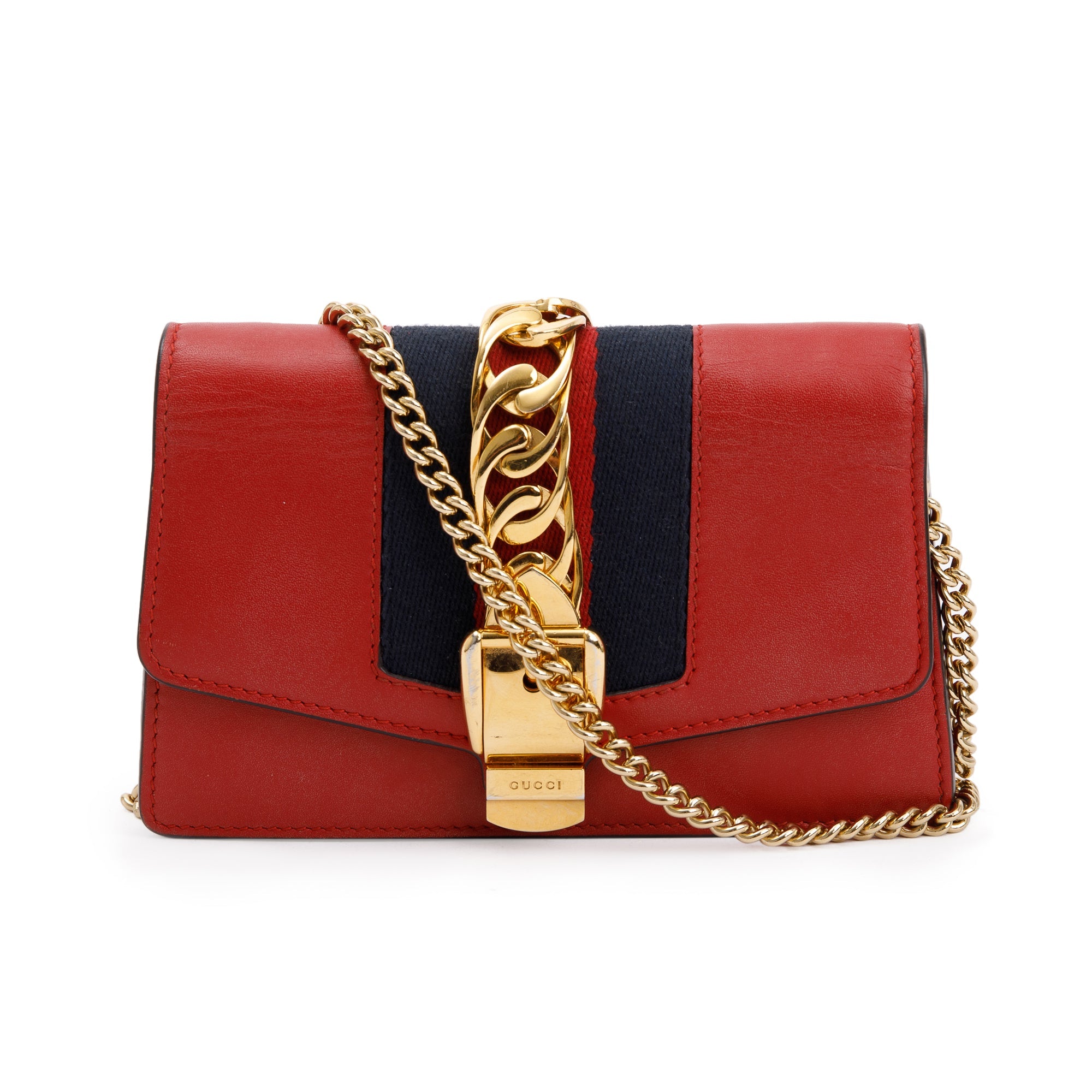 Gucci Red Calfskin Leather Web Super Mini Sylvie Chain Shoulder Bag