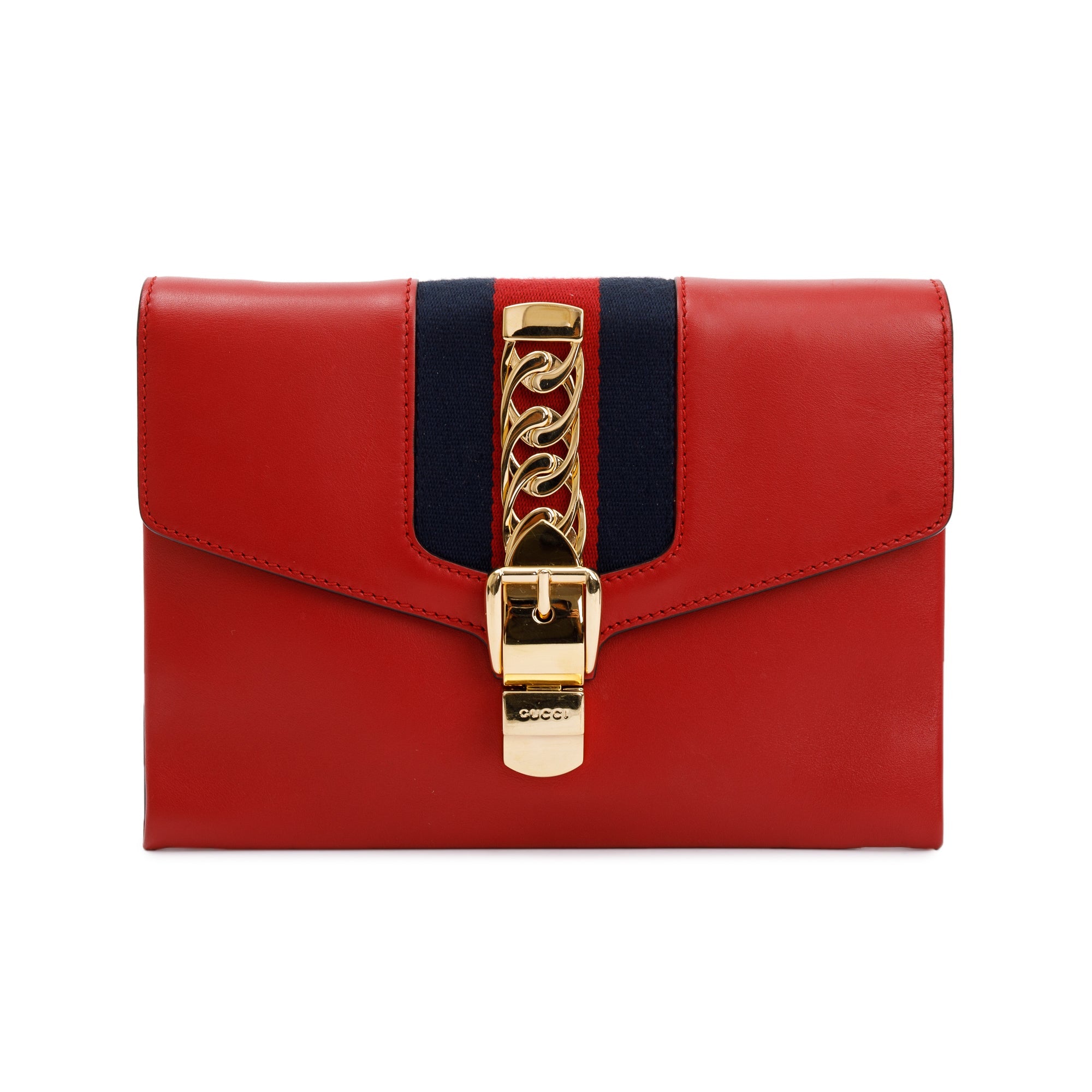 Gucci Red Calfskin Leather Web Sylvie Clutch