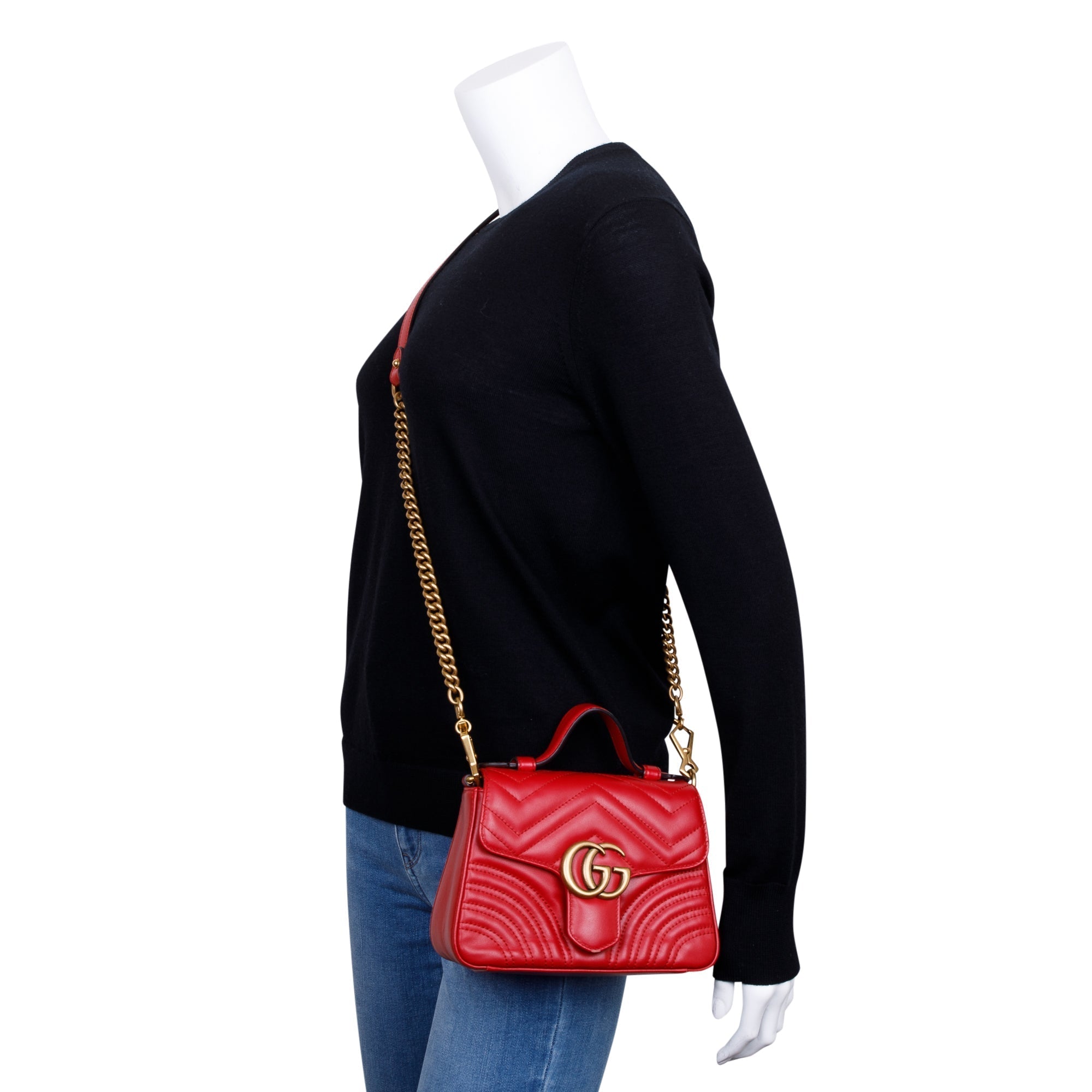 Gucci Red Calfskin Matelasse GG Marmont Mini Top Handle Shoulder Bag