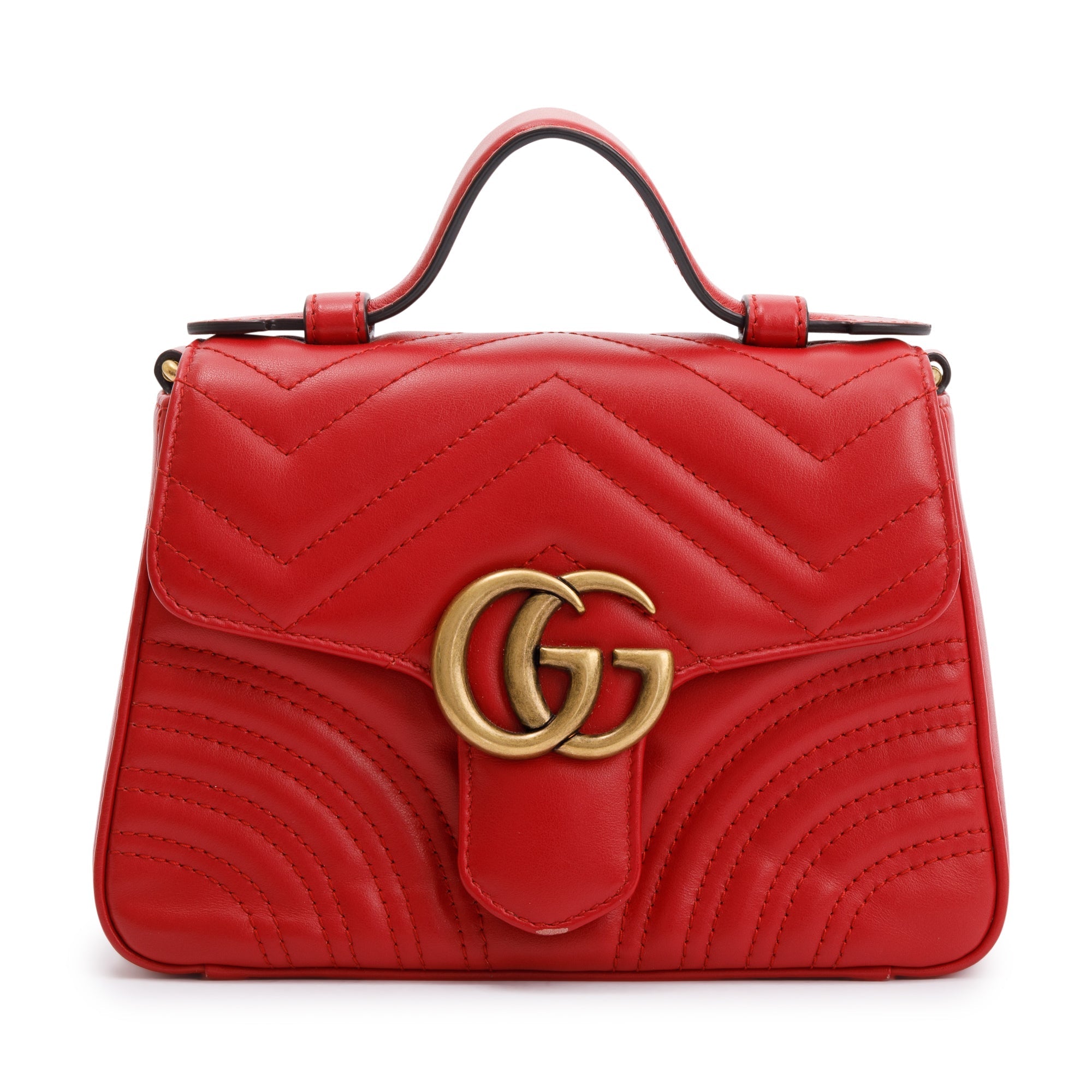 Gucci Red Calfskin Matelasse GG Marmont Mini Top Handle Shoulder Bag