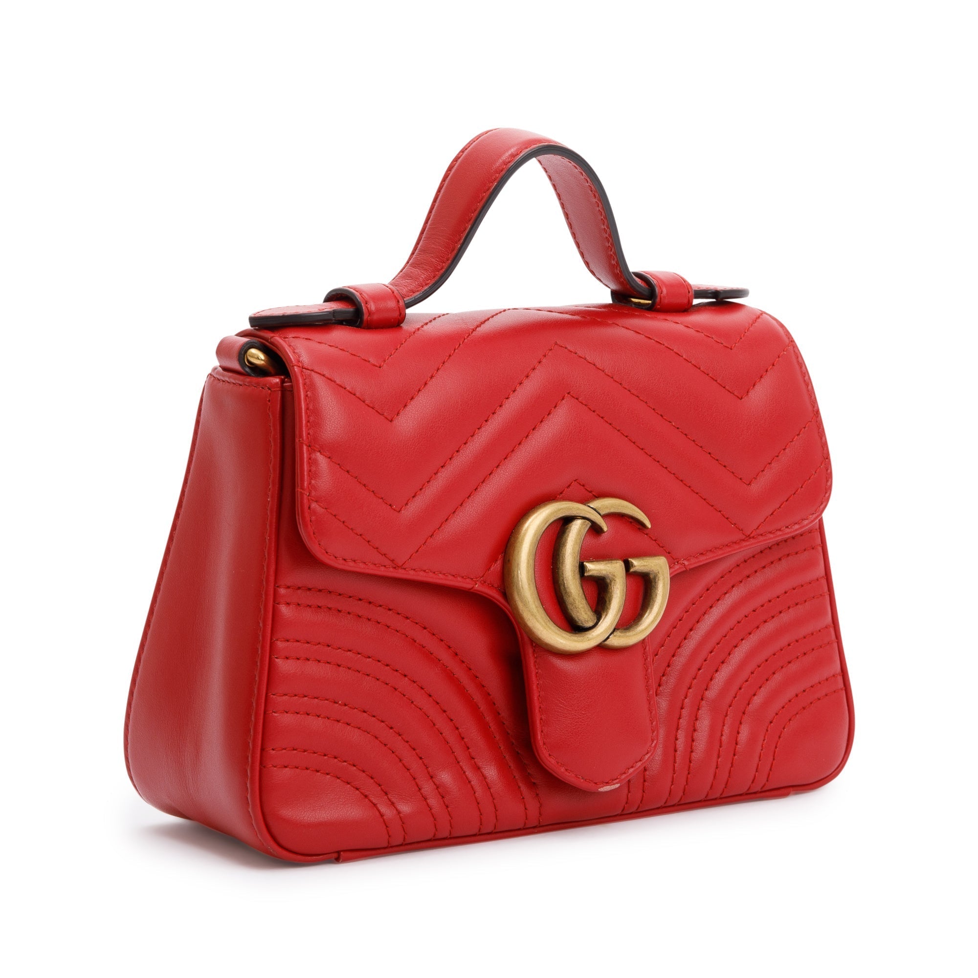 Gucci Red Calfskin Matelasse GG Marmont Mini Top Handle Shoulder Bag