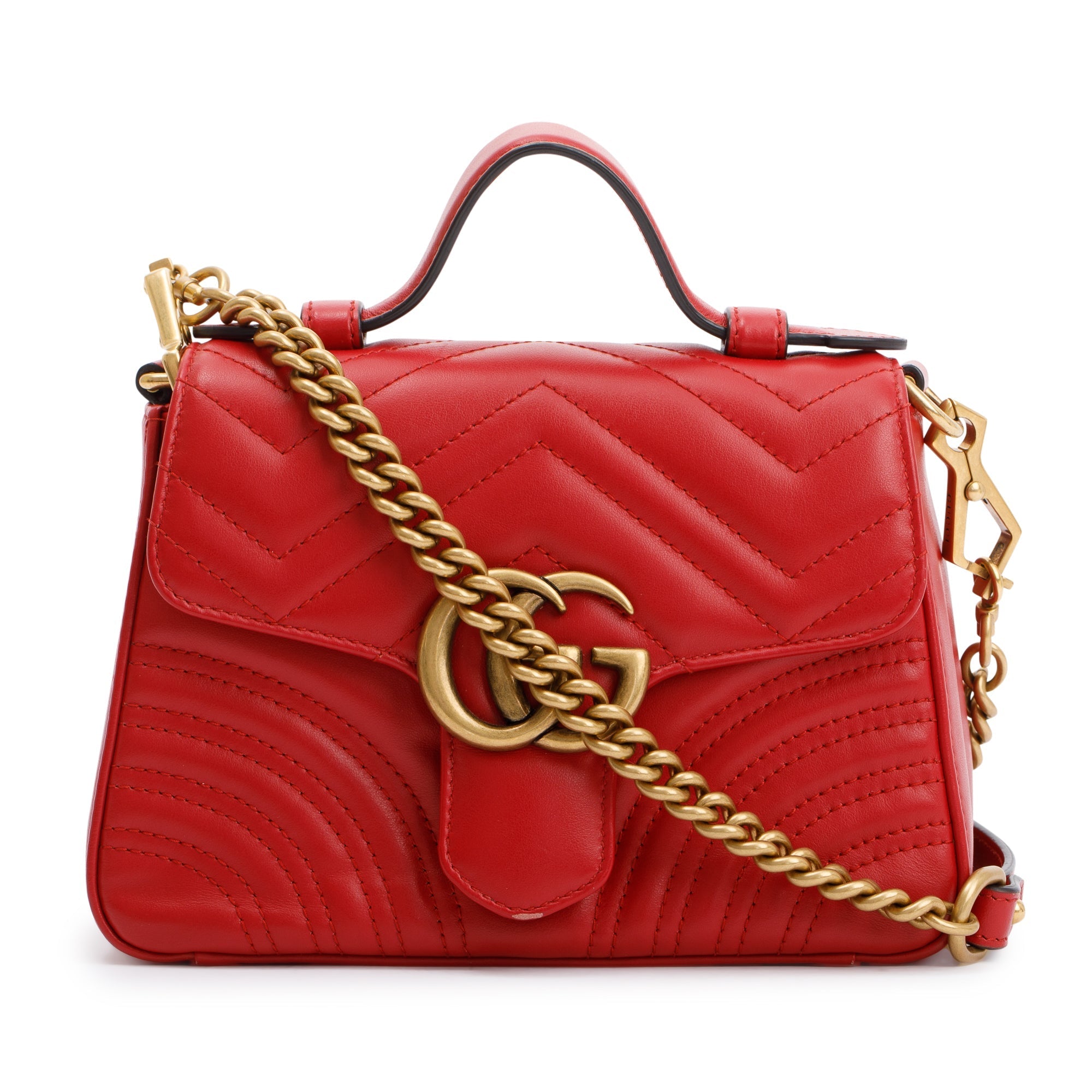 Gucci Red Calfskin Matelasse GG Marmont Mini Top Handle Shoulder Bag