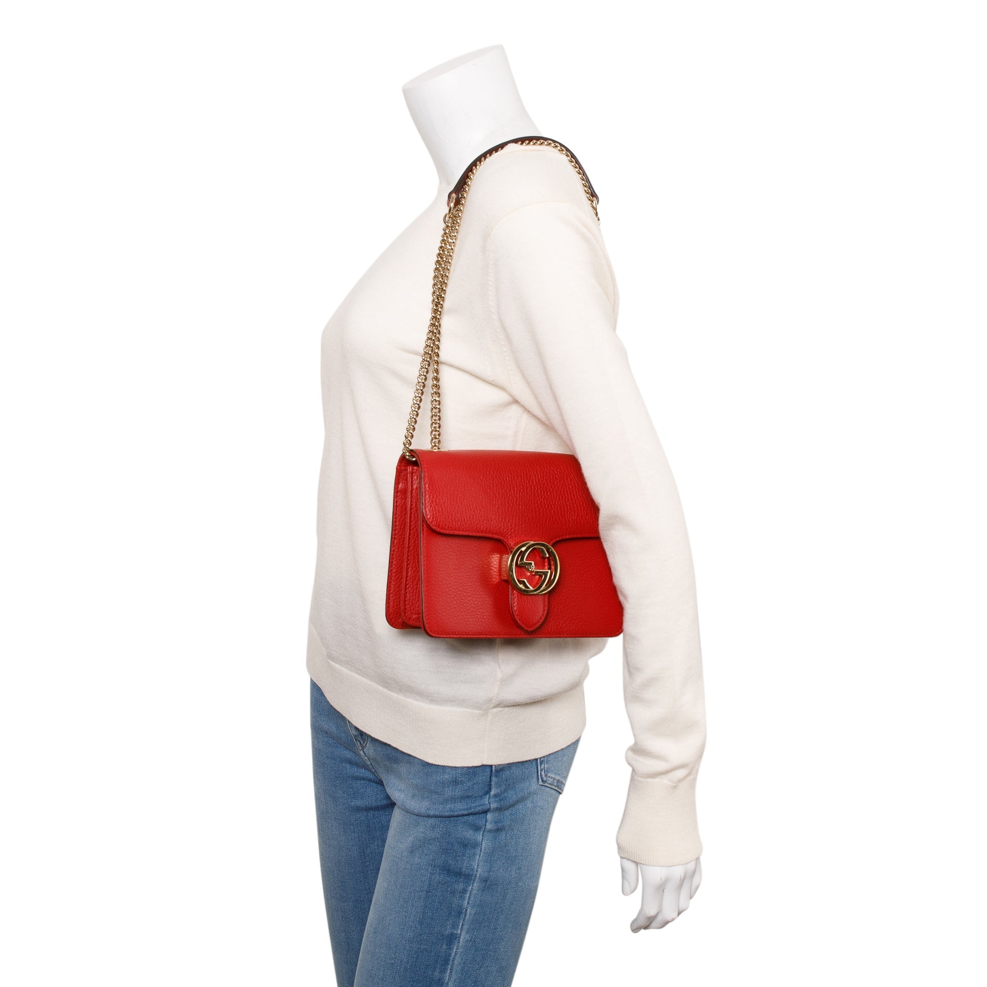 Gucci Red Dollar Calfskin Leather Interlocking GG Small Chain Shoulder Bag