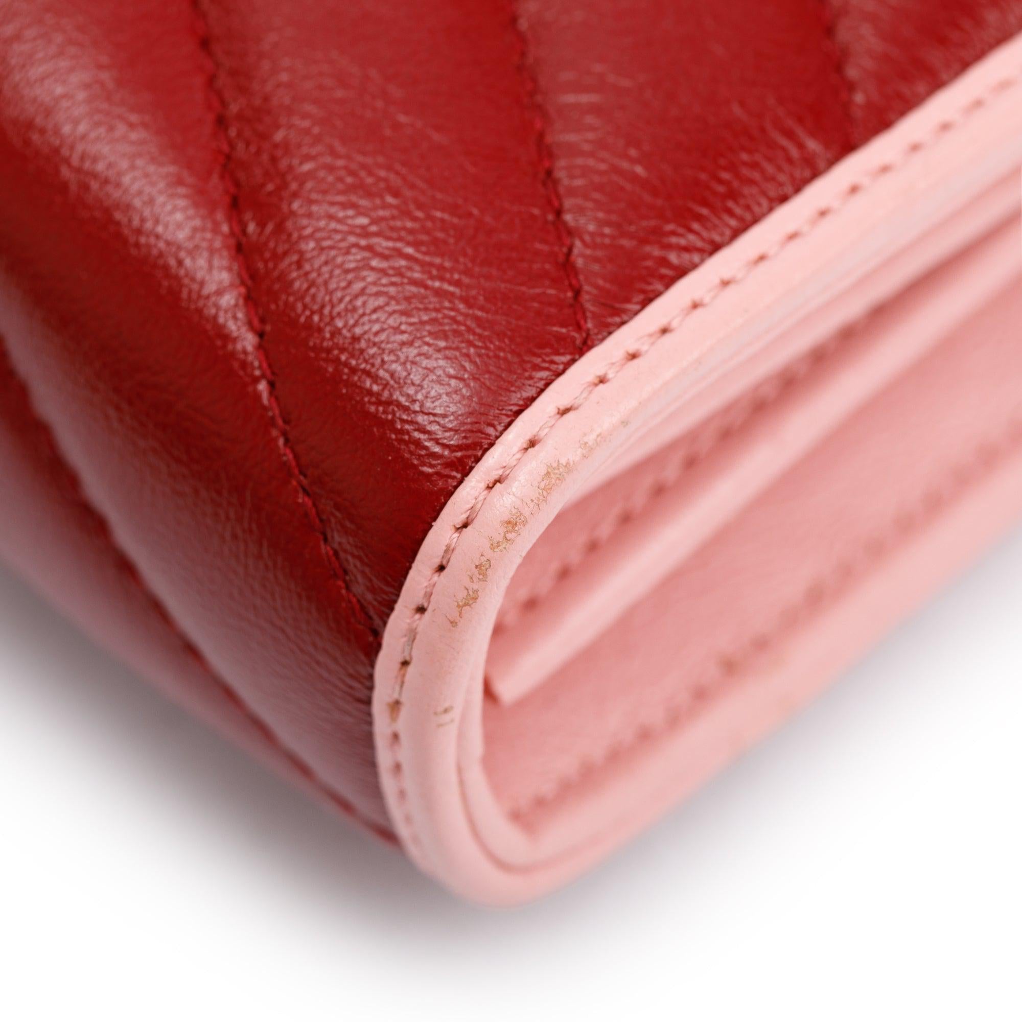 Gucci Red GG Marmont Azalea Calfskin Enamel Diagonal Torchon Wallet on Chain