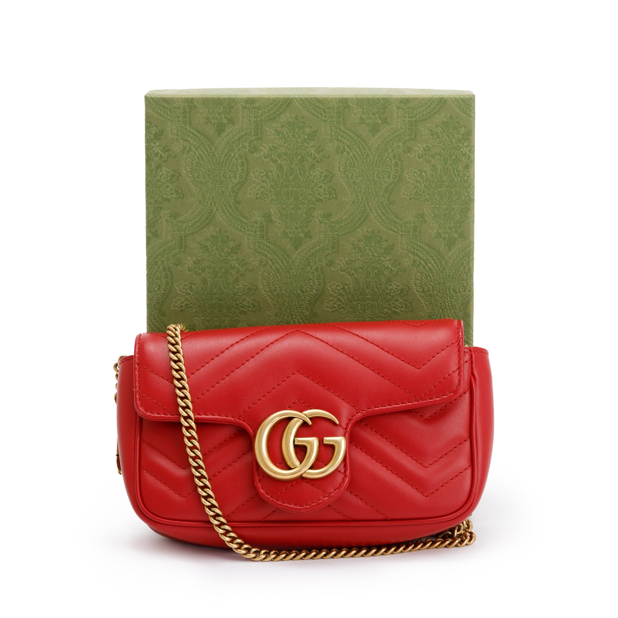 Gucci Red GG Marmont Matelasse Leather Super Mini Bag w/ Box