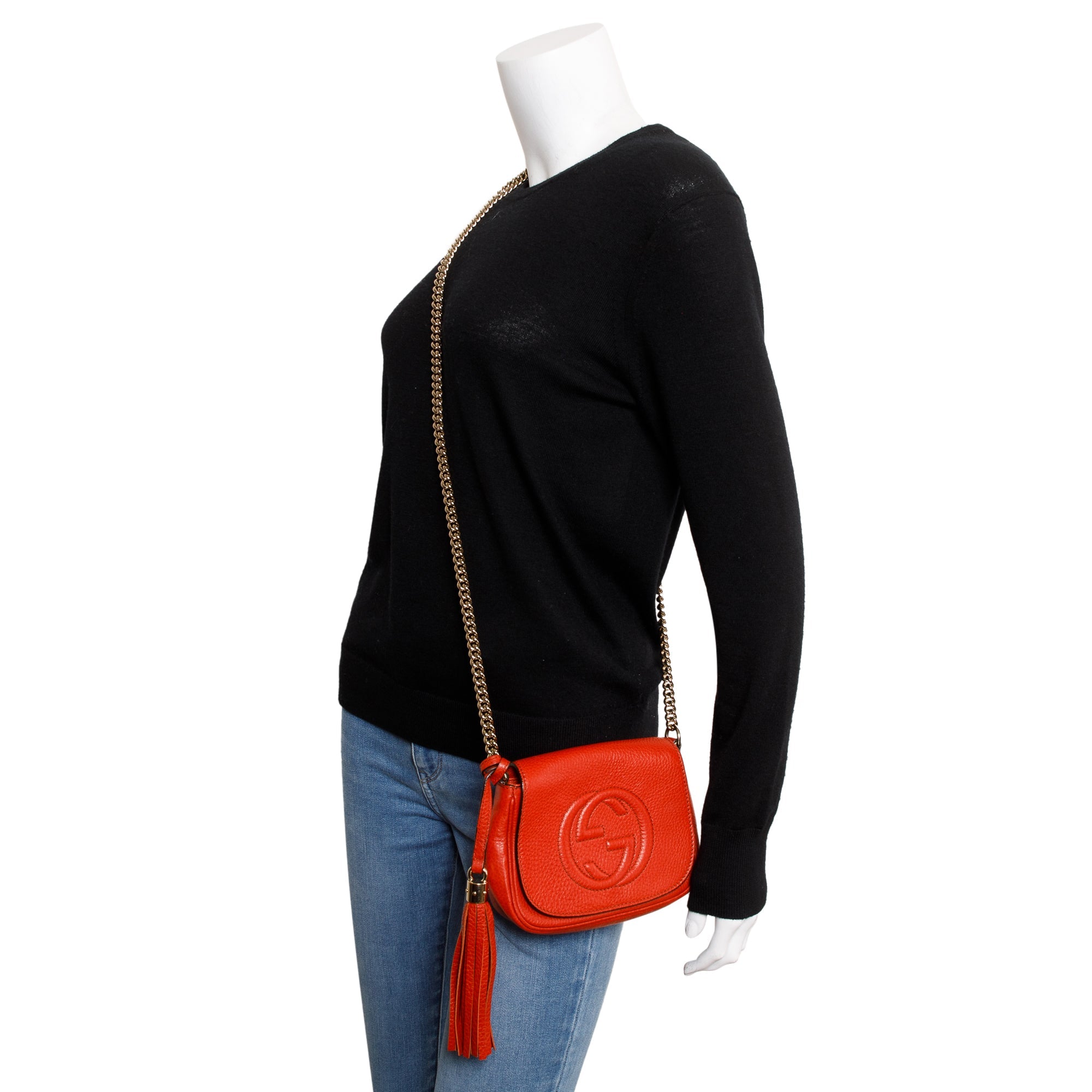 Gucci Red Grained Calfskin Leather Small Soho Chain Crossbody Bag