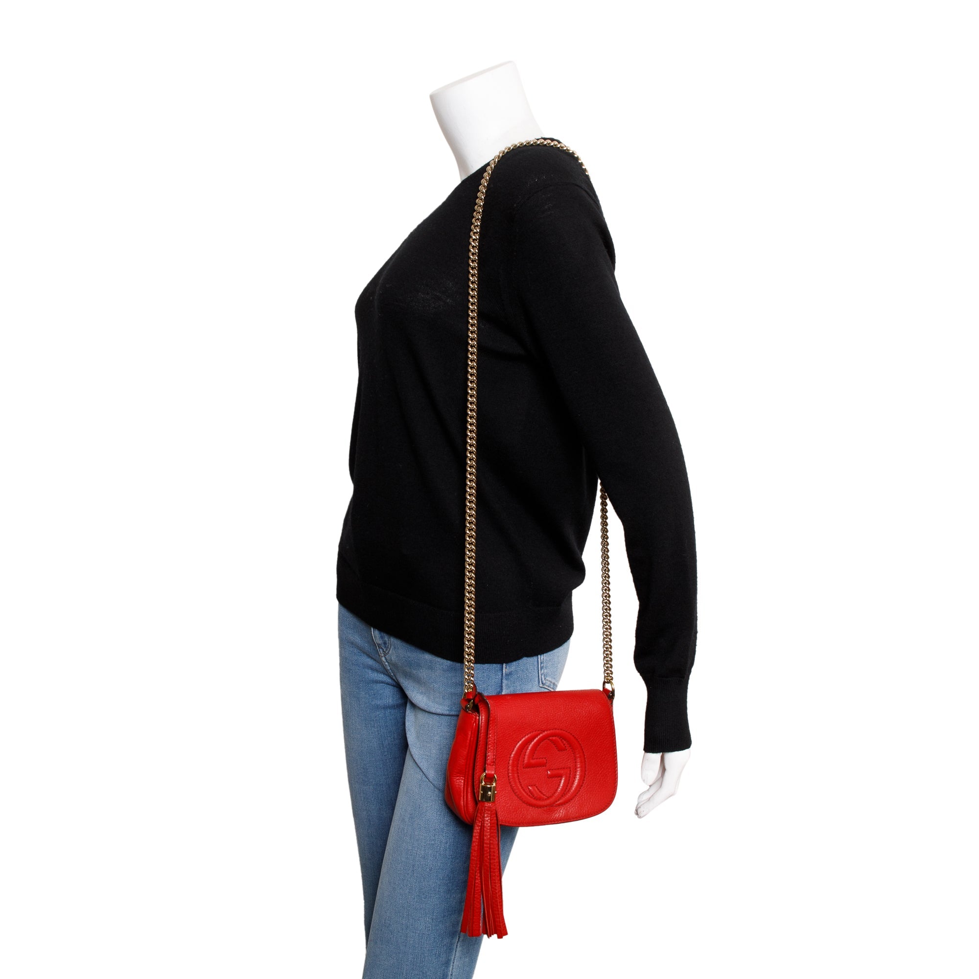 Gucci Red Grained Calfskin Leather Small Soho Chain Crossbody Bag