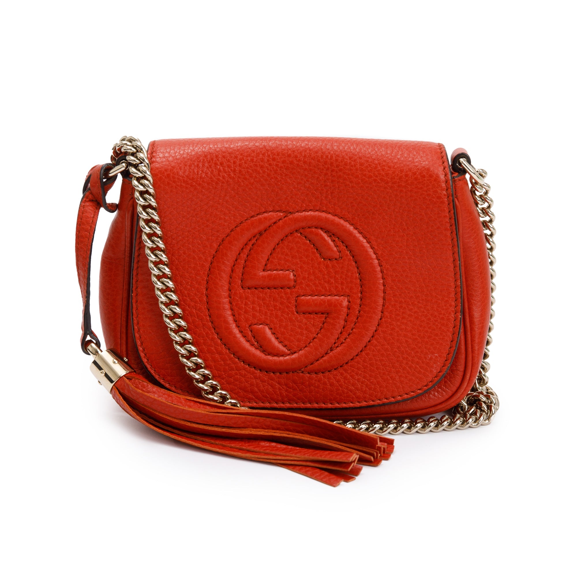 Gucci Red Grained Calfskin Leather Small Soho Chain Crossbody Bag