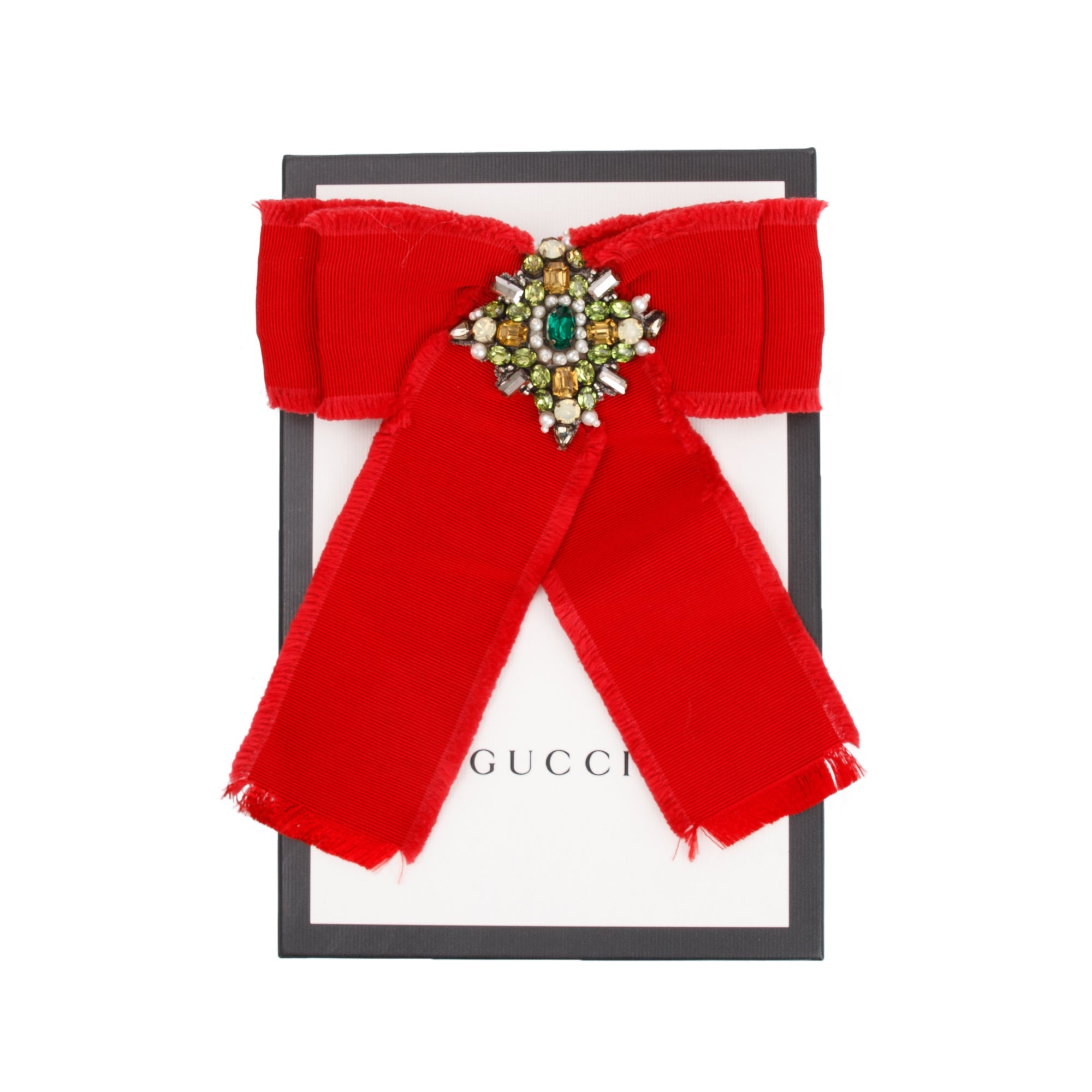 Gucci Red Grosgrain Ribbon Crystal & Faux Pearl Bow Brooch w/ Box
