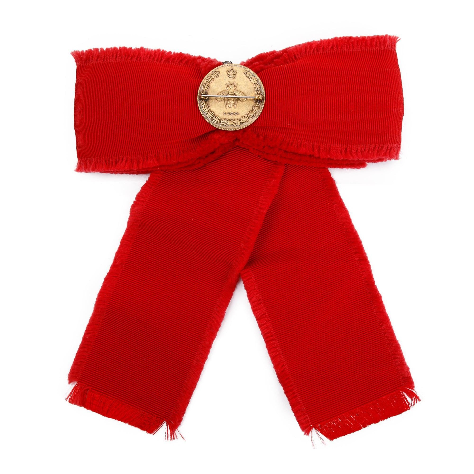 Gucci Red Grosgrain Ribbon Crystal & Faux Pearl Bow Brooch w/ Box