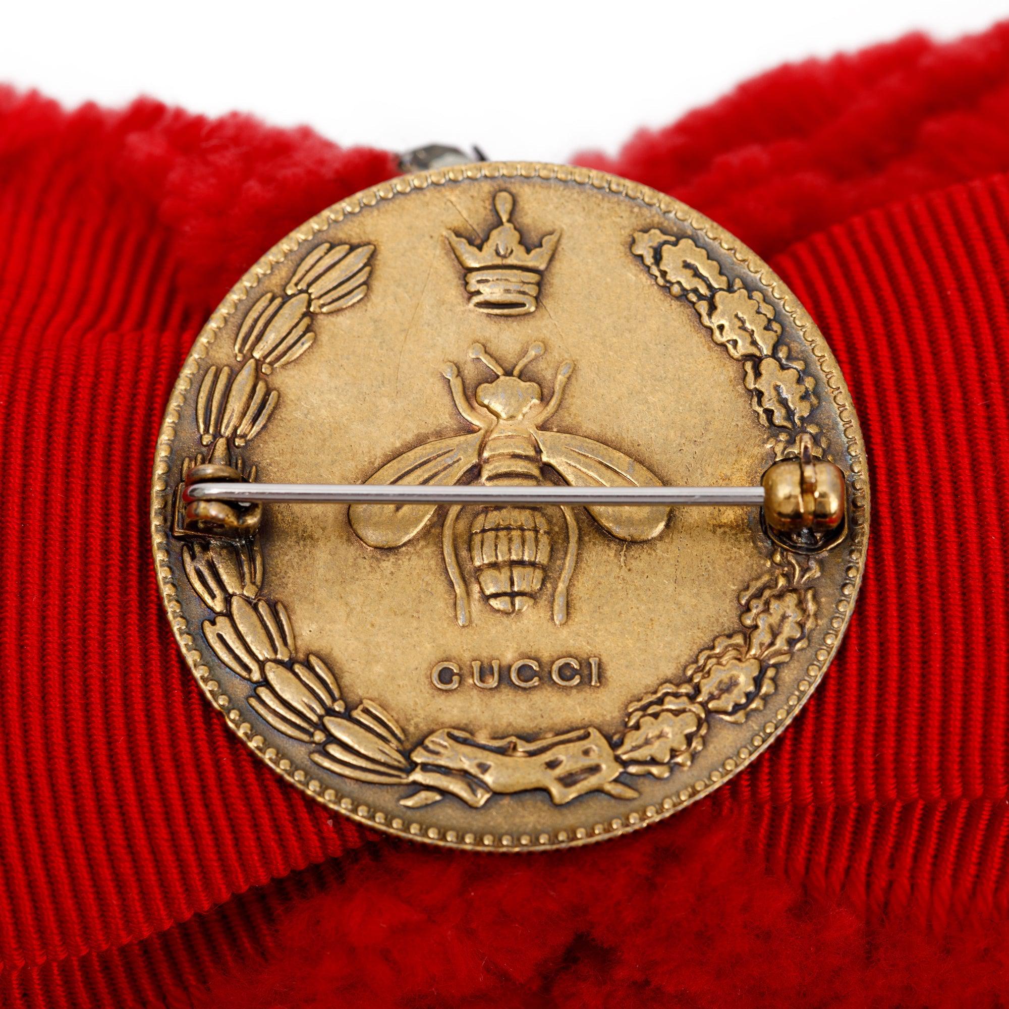 Gucci Red Grosgrain Ribbon Crystal & Faux Pearl Bow Brooch w/ Box