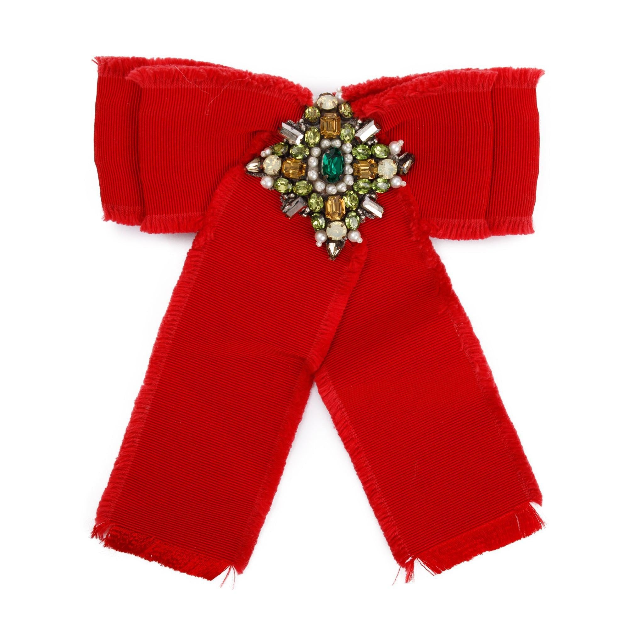 Gucci Red Grosgrain Ribbon Crystal & Faux Pearl Bow Brooch w/ Box