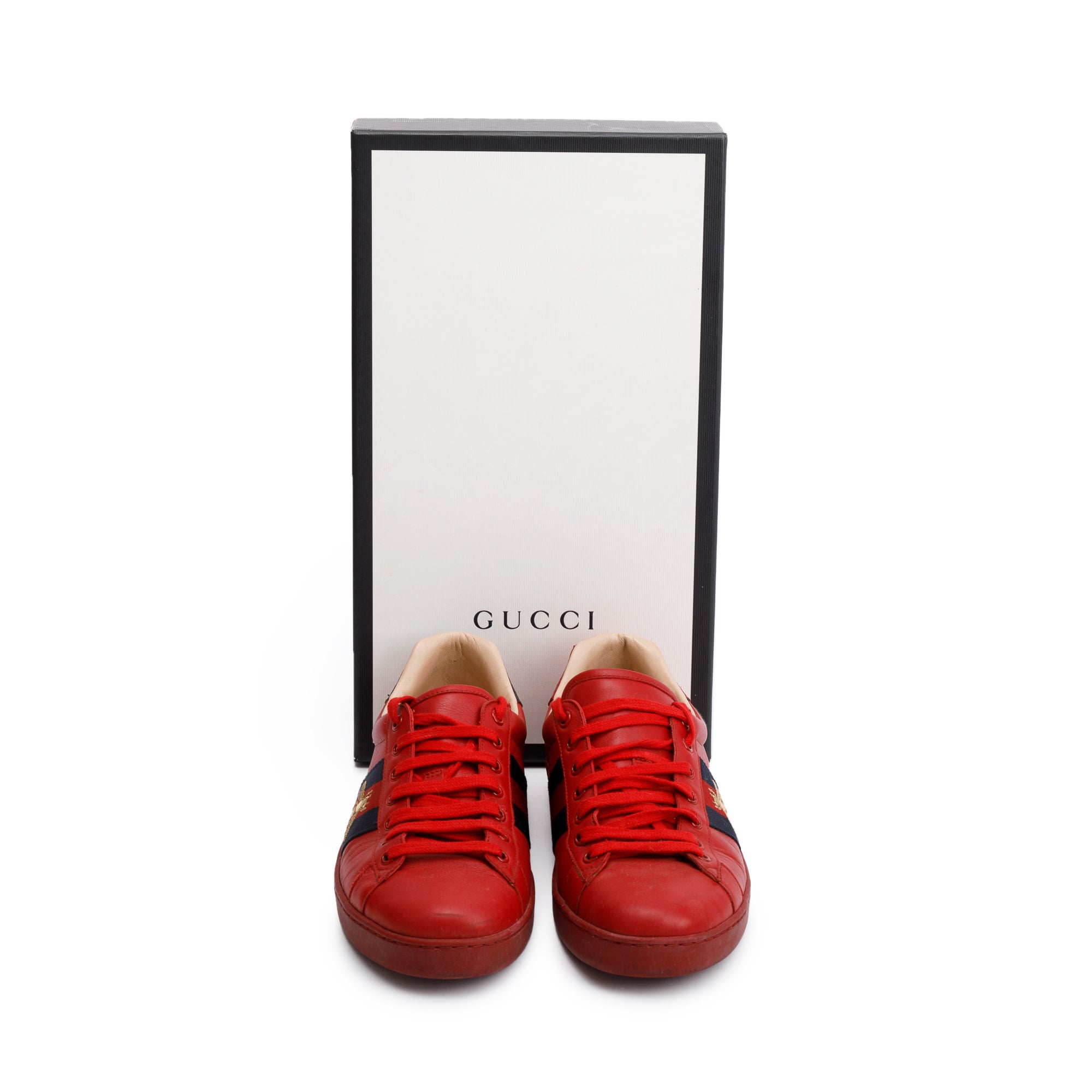 Gucci Red Leather Web Bee Embroidered Ace Sneakers, Size 8.5 w/ Box
