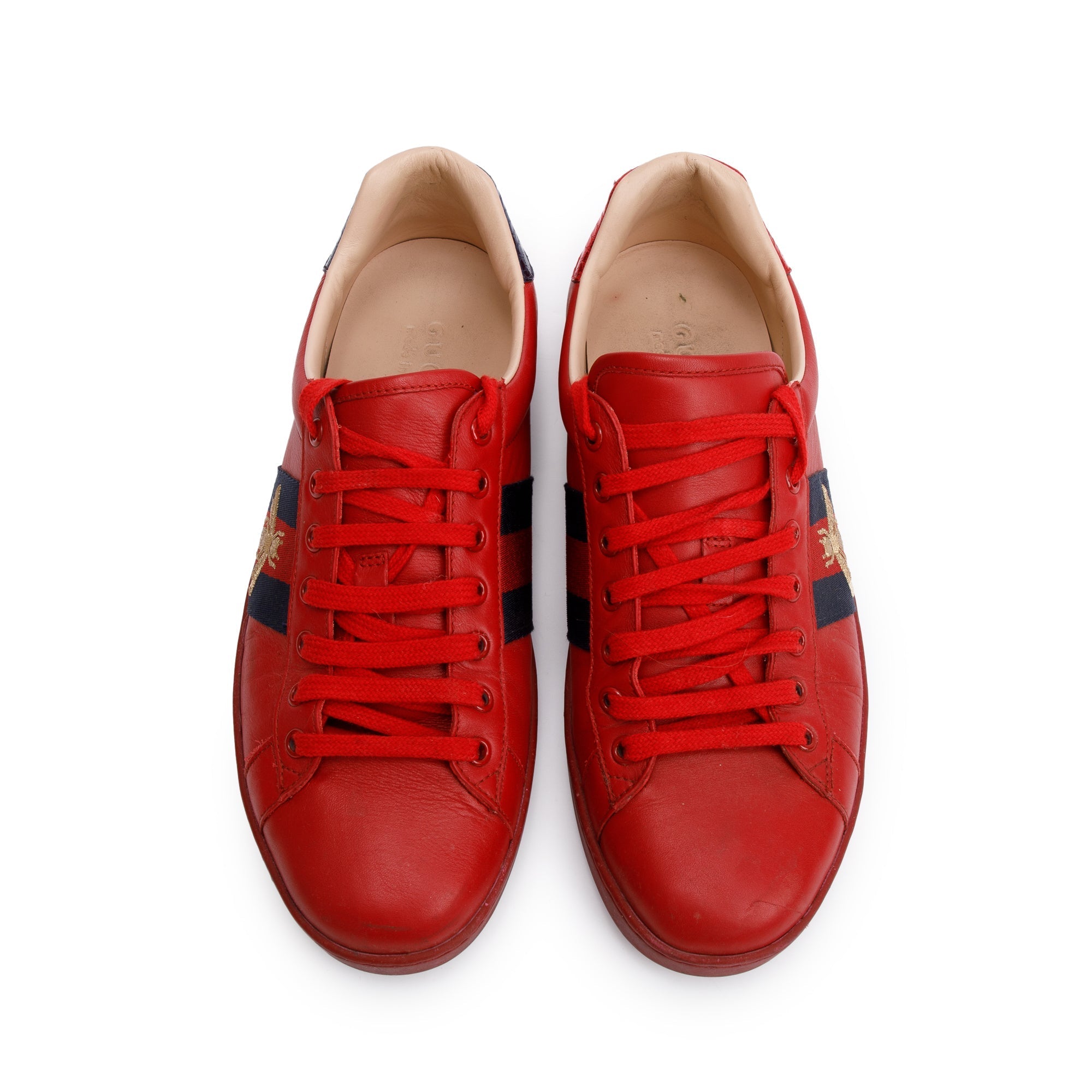 Gucci Red Leather Web Bee Embroidered Ace Sneakers, Size 8.5 w/ Box