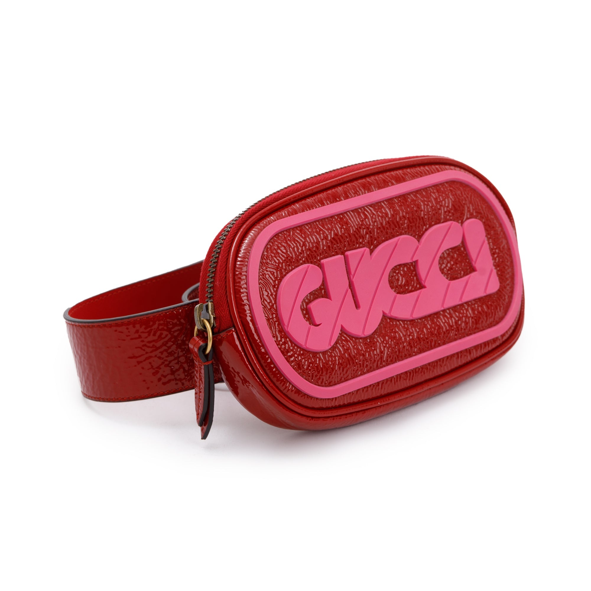 Gucci Red Patent Leather & Rubber Game Patch Logo Belt Bag, Size 85 34