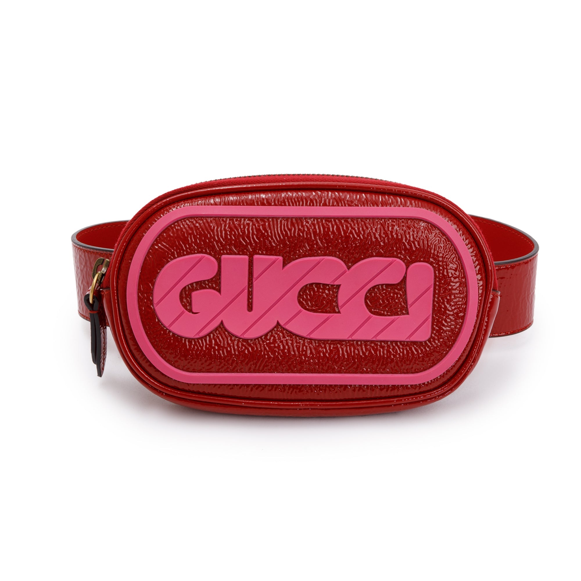 Gucci Red Patent Leather & Rubber Game Patch Logo Belt Bag, Size 85 34