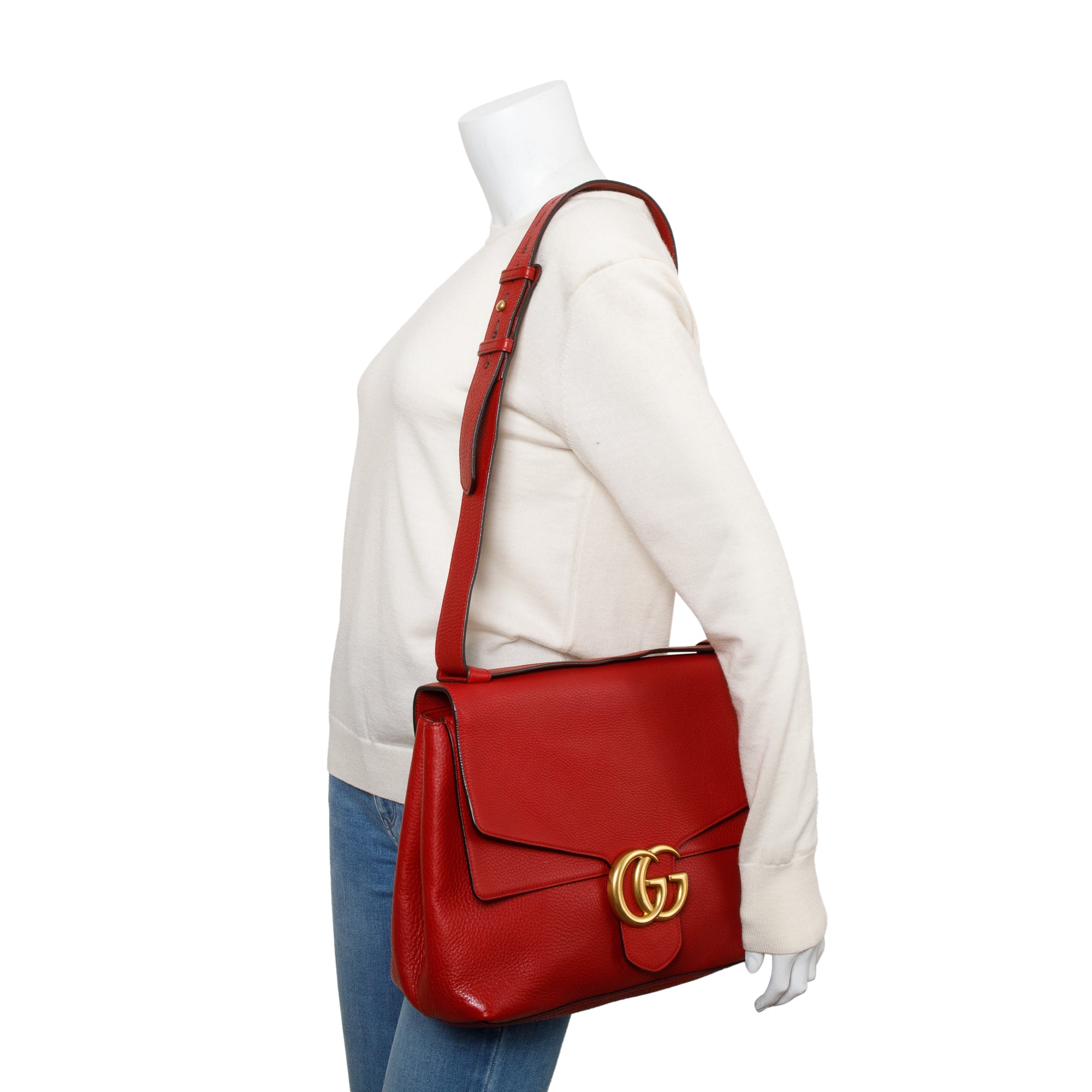 Gucci Red Pebble Leather GG Marmont Medium Shoulder Bag