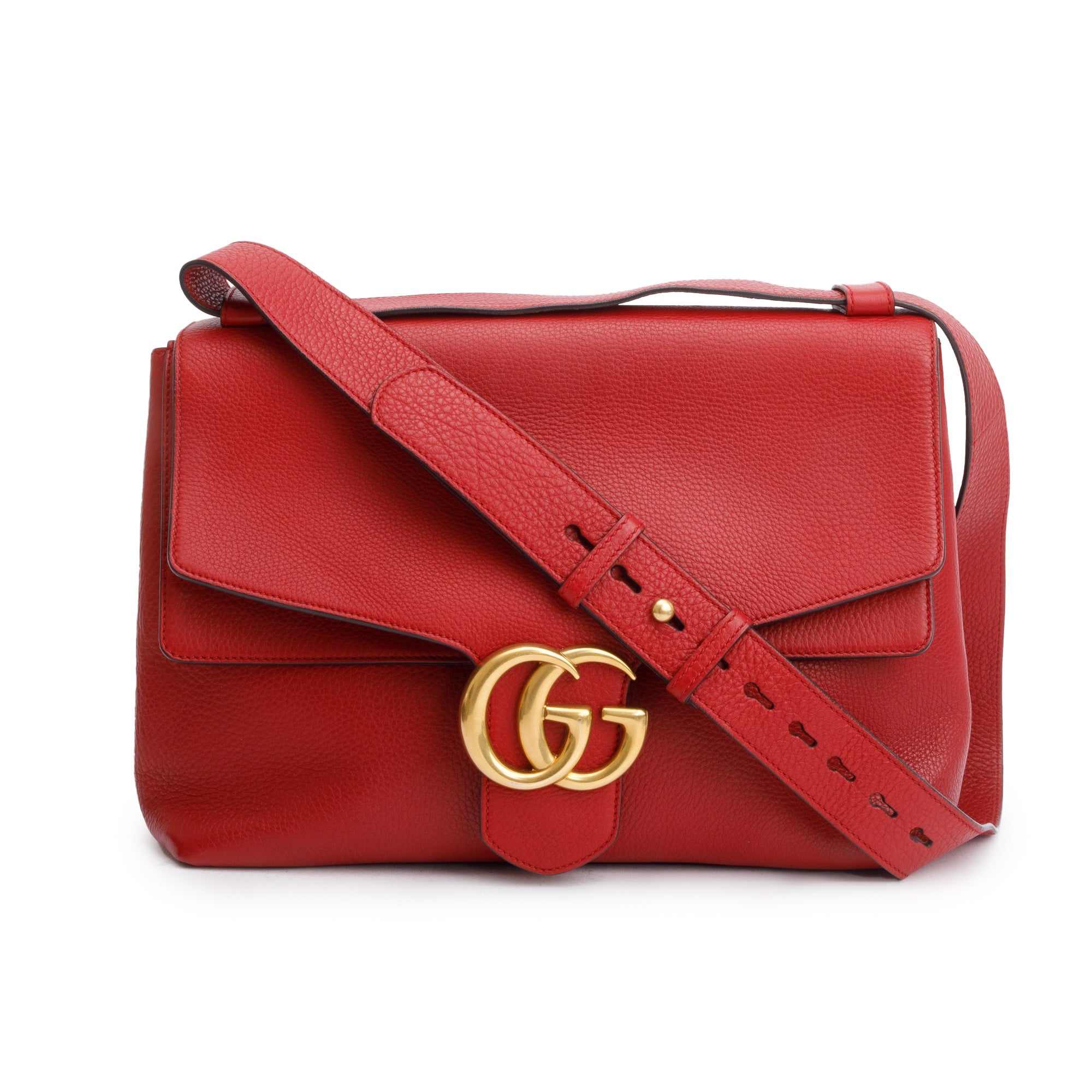 Gucci Red Pebble Leather GG Marmont Medium Shoulder Bag