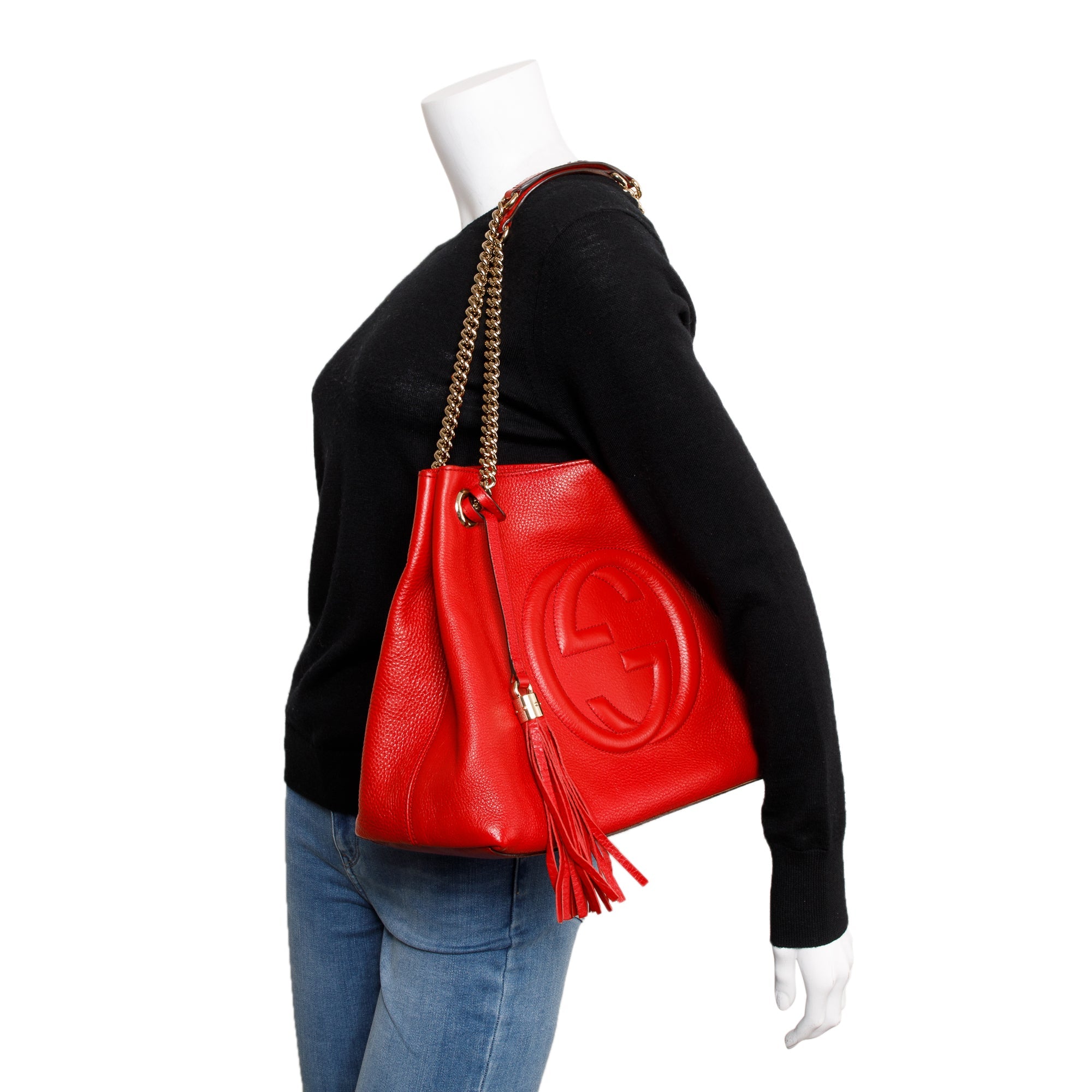 Gucci Red Pebbled Calfksin Leather Medium Soho Chain Tote