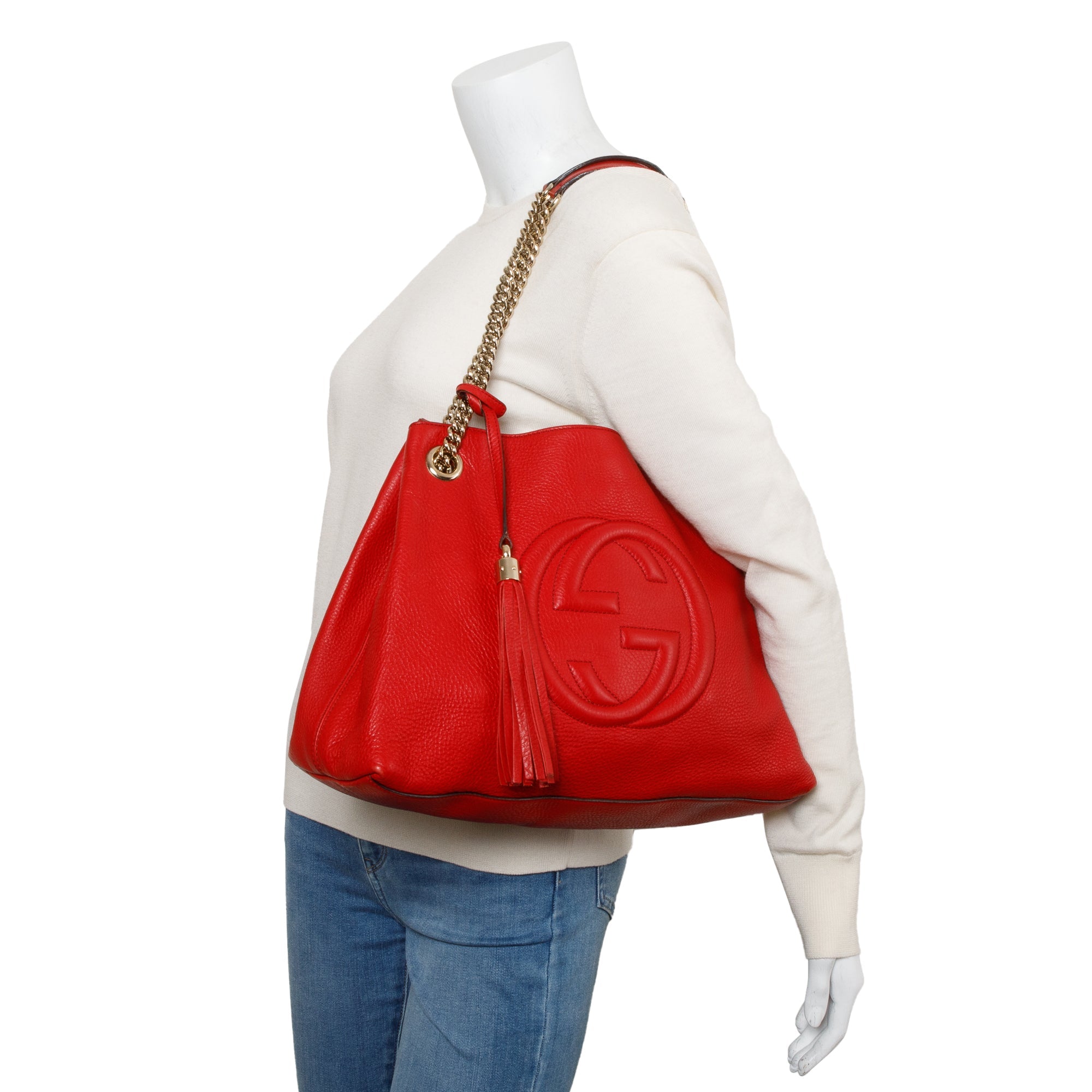 Gucci Red Pebbled Calfksin Leather Medium Soho Chain Tote