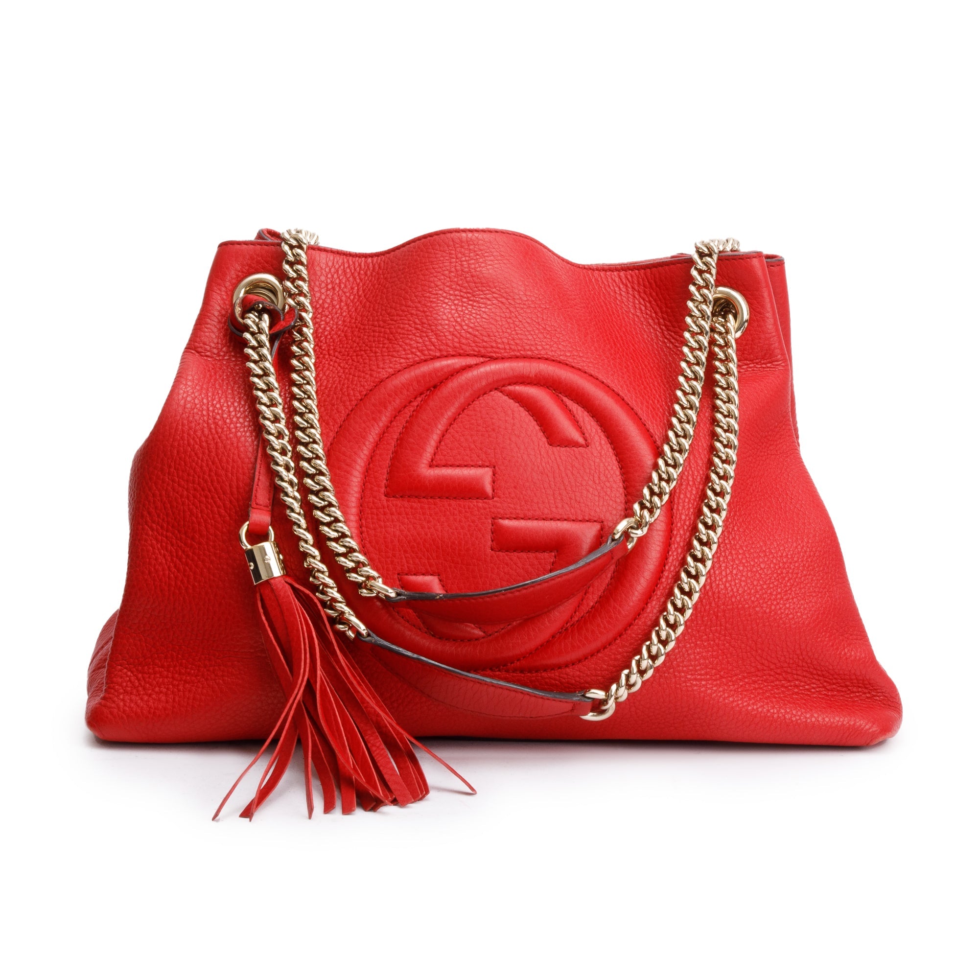 Gucci Red Pebbled Calfksin Leather Medium Soho Chain Tote