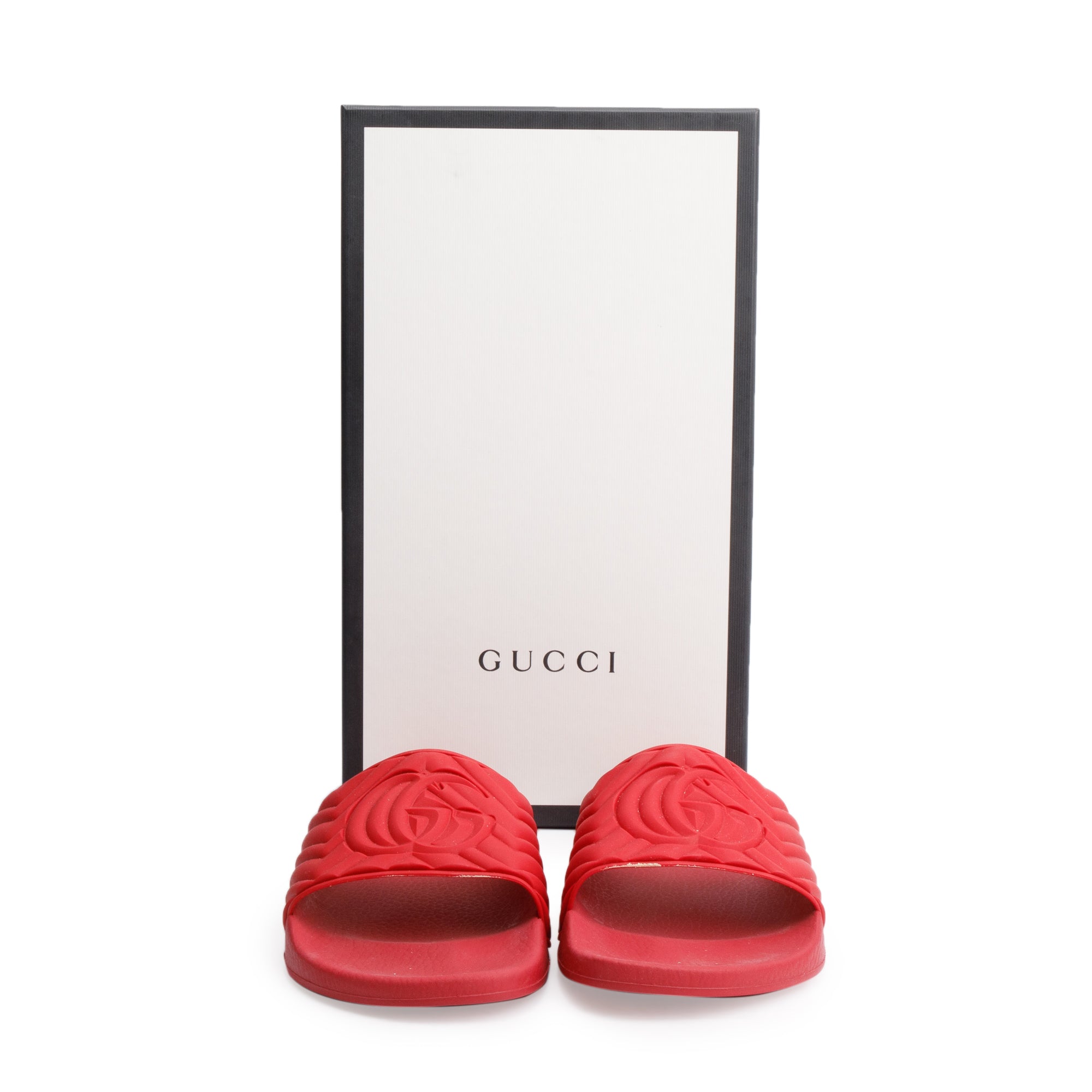 Gucci Red Rubber Double G Logo Slides, Size 11 w/ Box