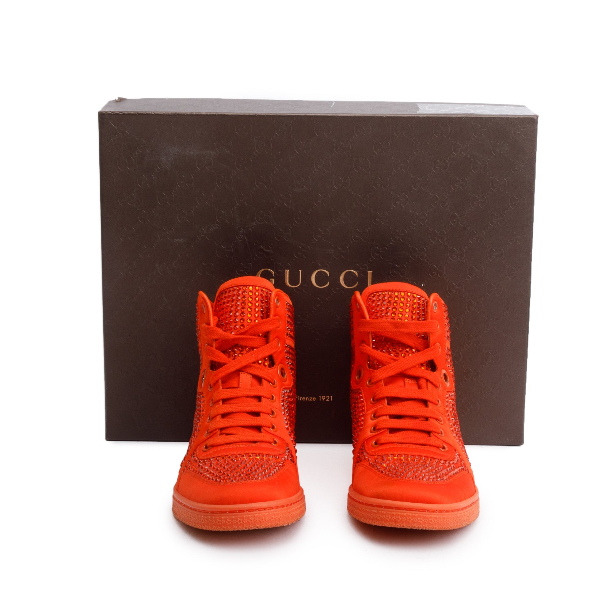 Gucci Red Suede Crystal Embellished High Top Sneakers, Size 38 w/ Box