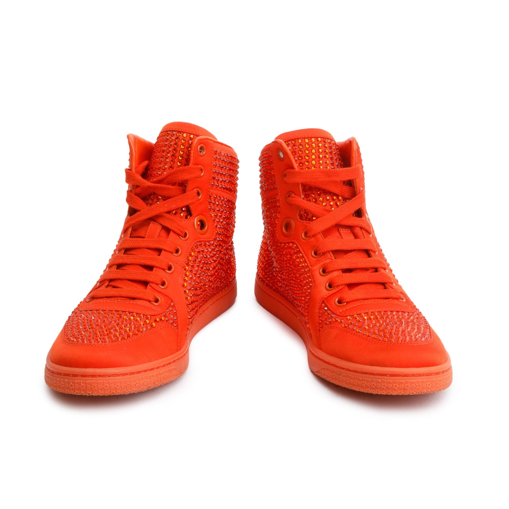 Gucci Red Suede Crystal Embellished High Top Sneakers, Size 38 w/ Box