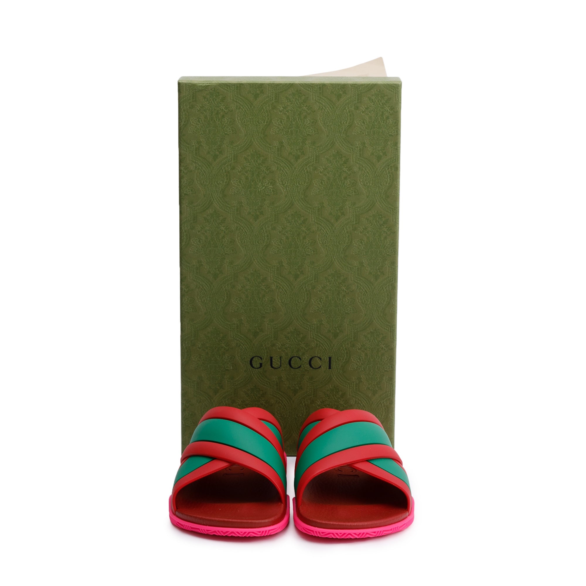 Gucci Red/Green Web Striped Rubber Slide Sandals, Size 37 w/ Box