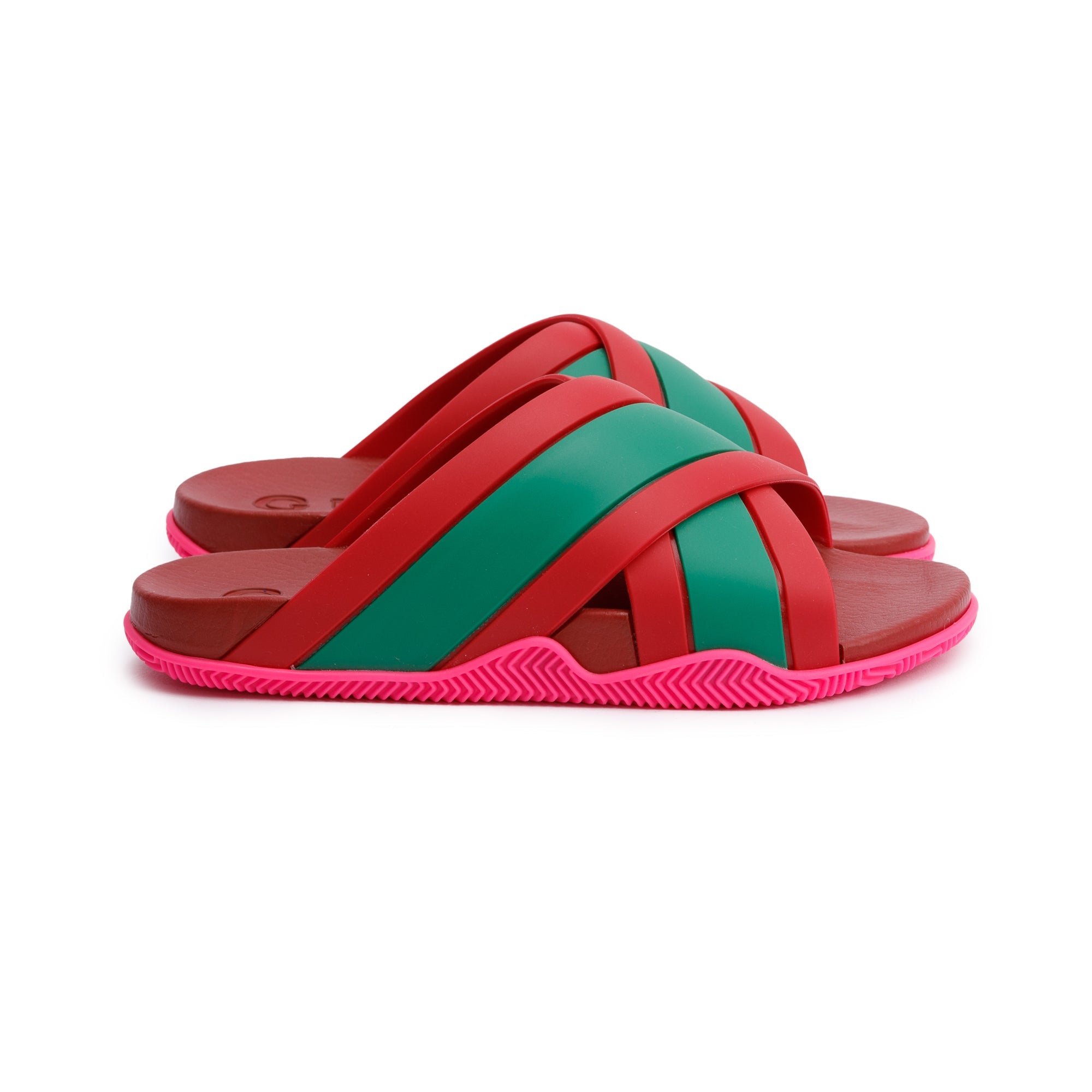 Gucci Red/Green Web Striped Rubber Slide Sandals, Size 37 w/ Box
