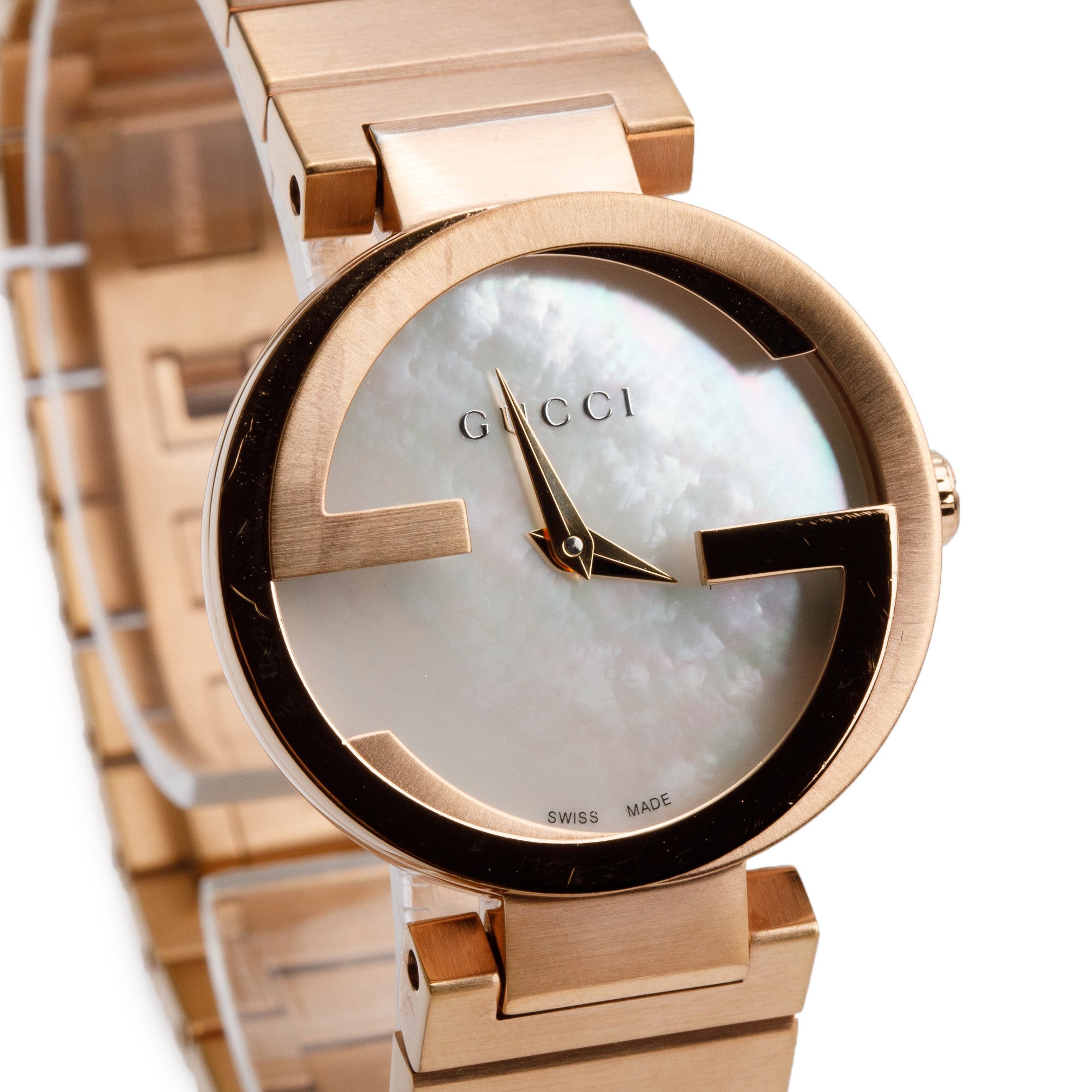 Gucci Rose Gold Plated Stainless Steel Interlocking G 29 MM Watch Mother of Pearl Dial w/ Box & Papers