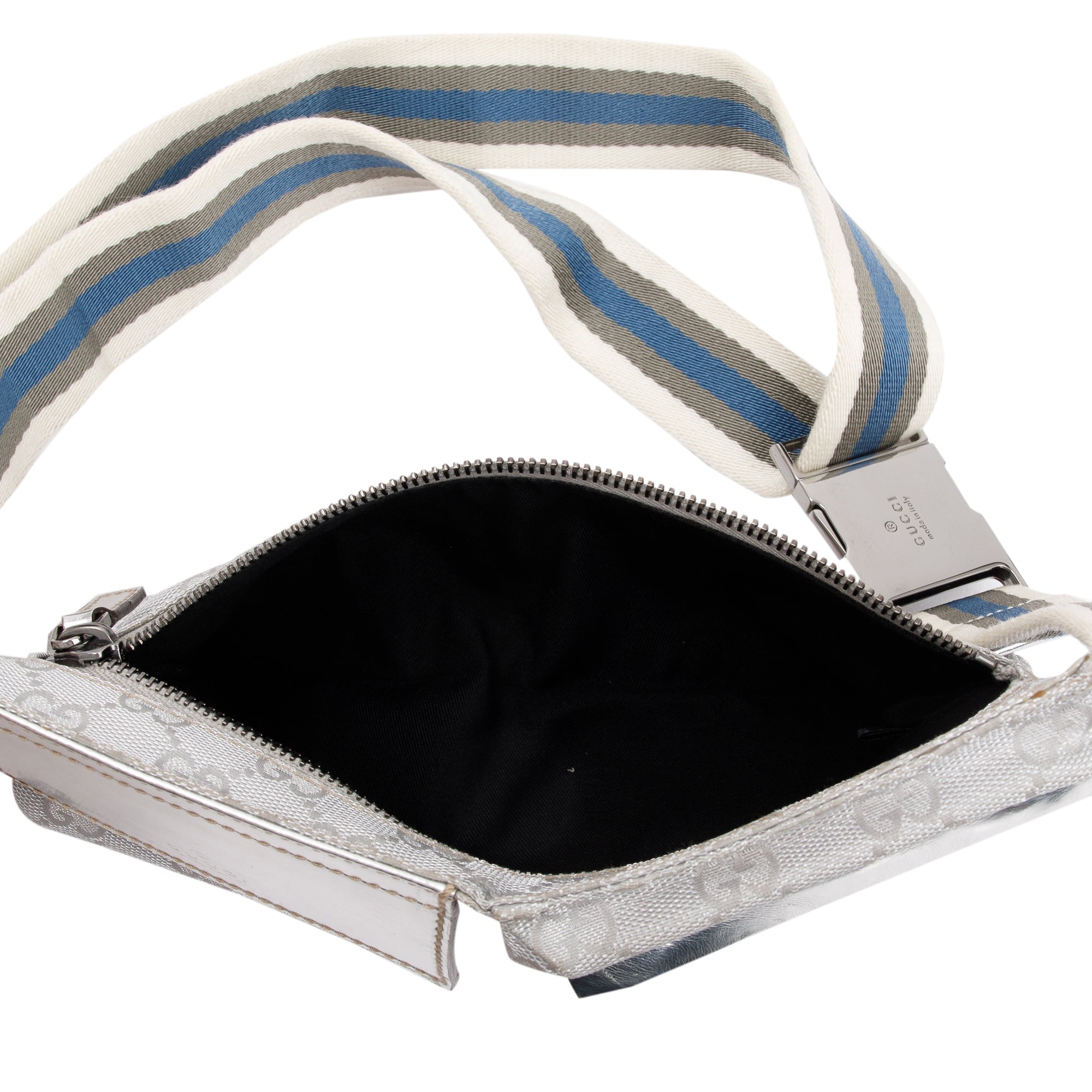 Gucci Silver Leather GG Canvas Web Double Pocket Small Belt Bag