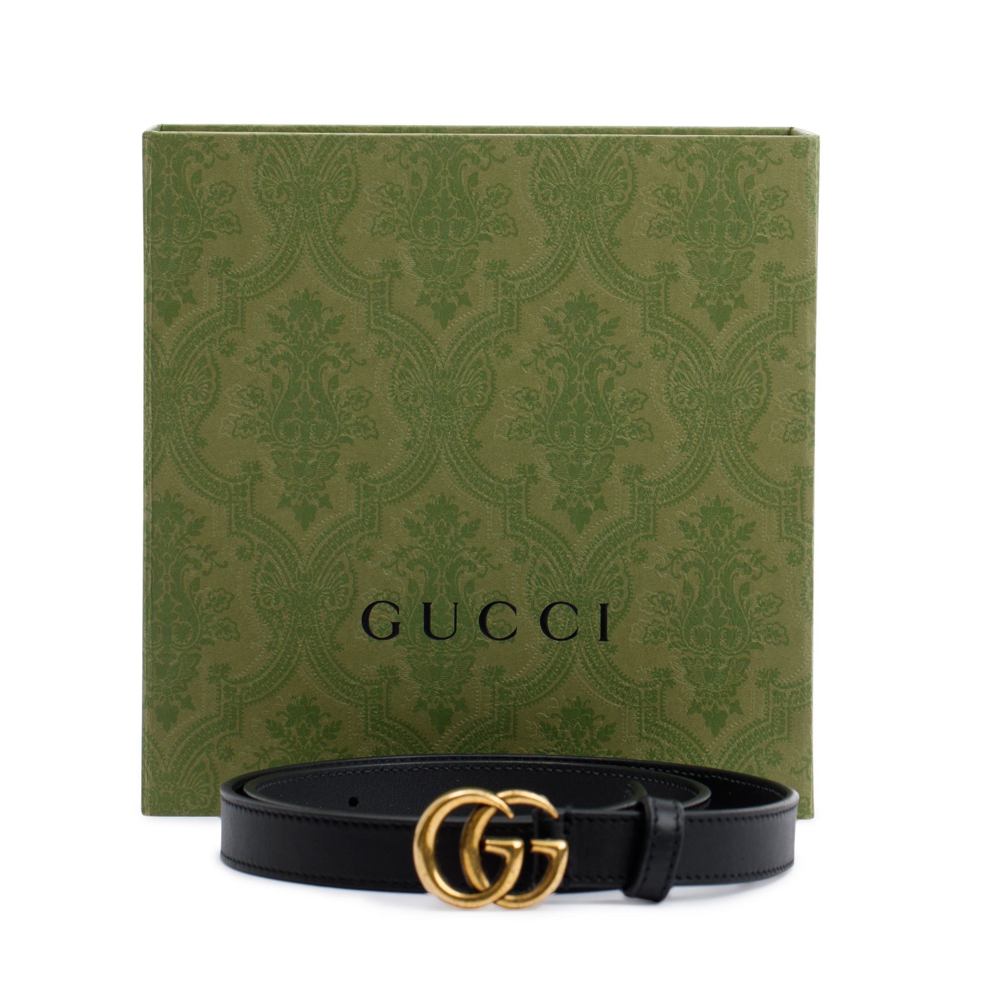 Gucci Skinny Black Leather Belt with Double G Buckle w/ Box & Receipt