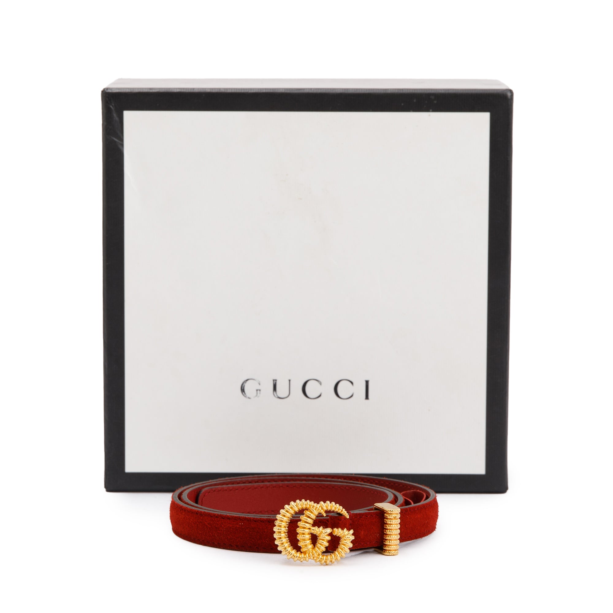Gucci Skinny Marmont Red Suede Torchon Buckle Belt, 70 28 w/ Box