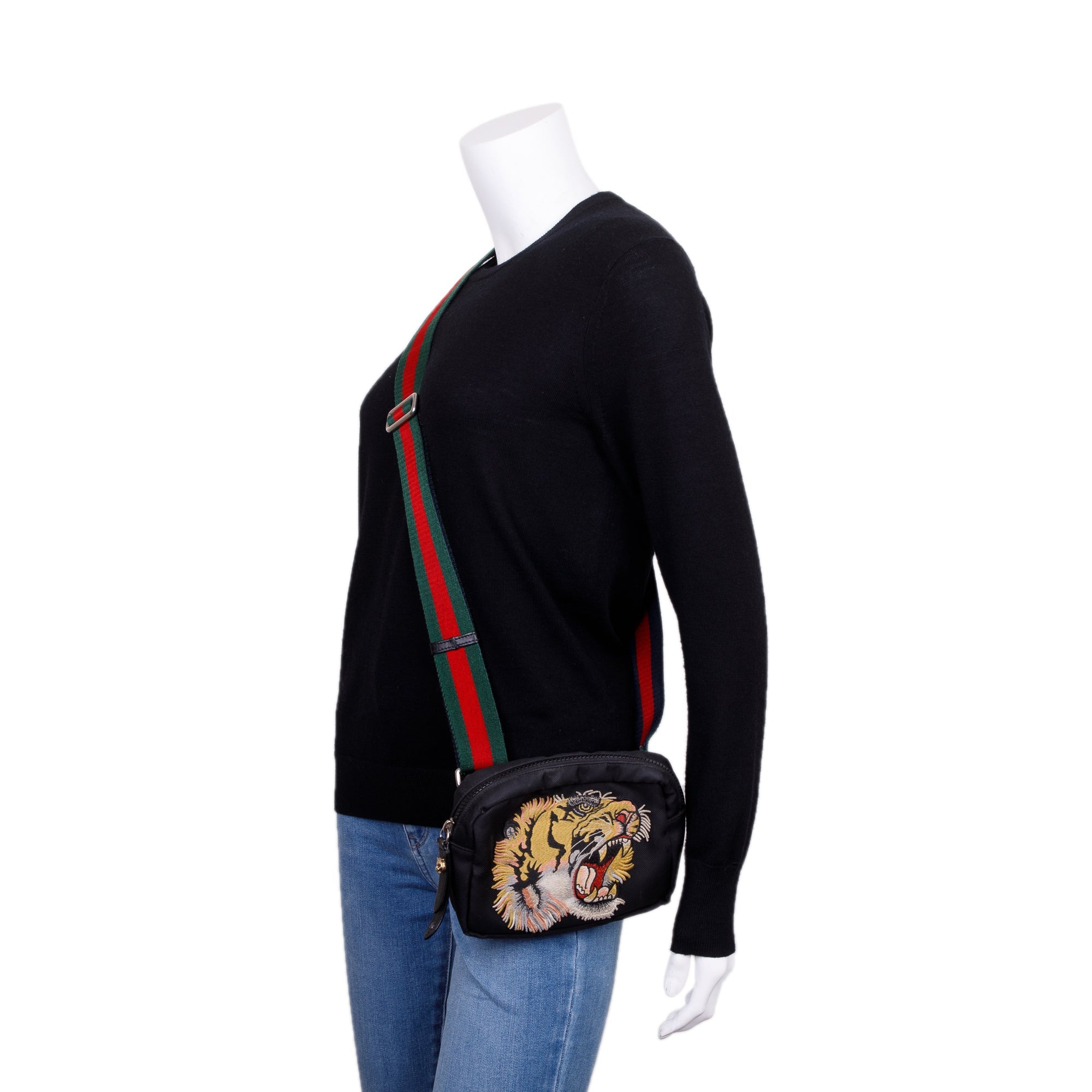 Gucci Small Black Techno Canvas Web Tiger Embroidered Belt Bag